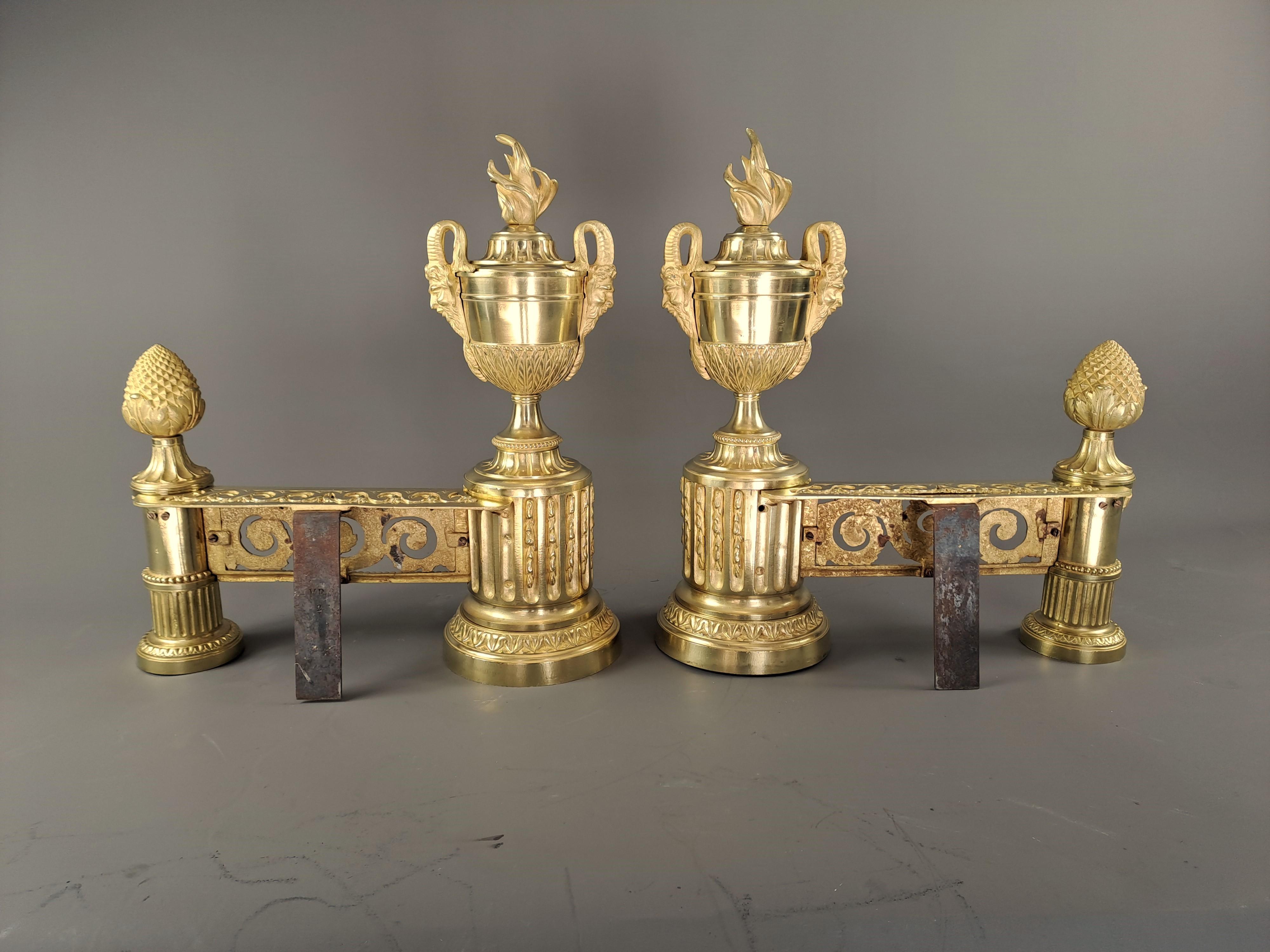 Pair Of Louis XVI Style Andirons In Gilt Bronze For Sale 3