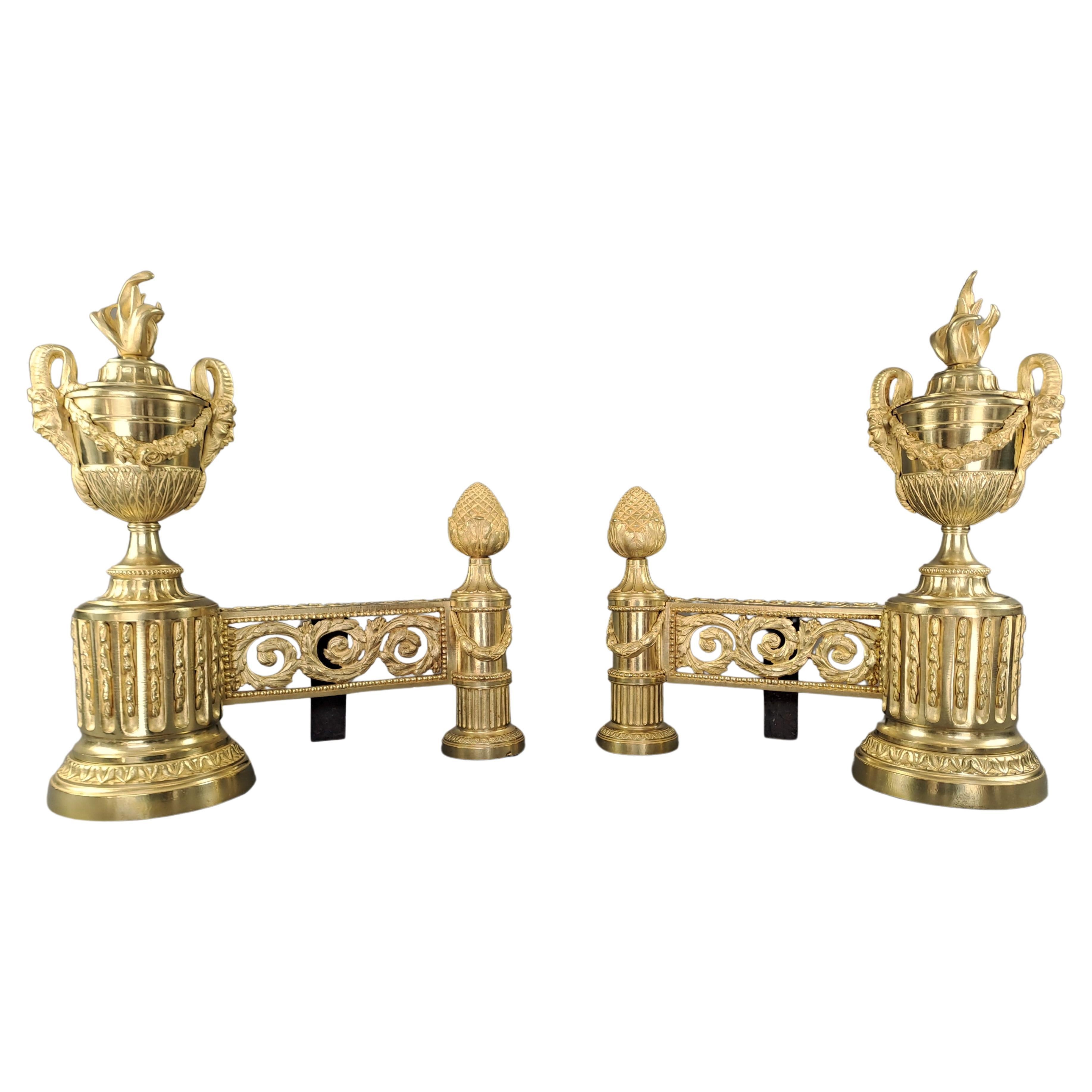 Pair Of Louis XVI Style Andirons In Gilt Bronze For Sale