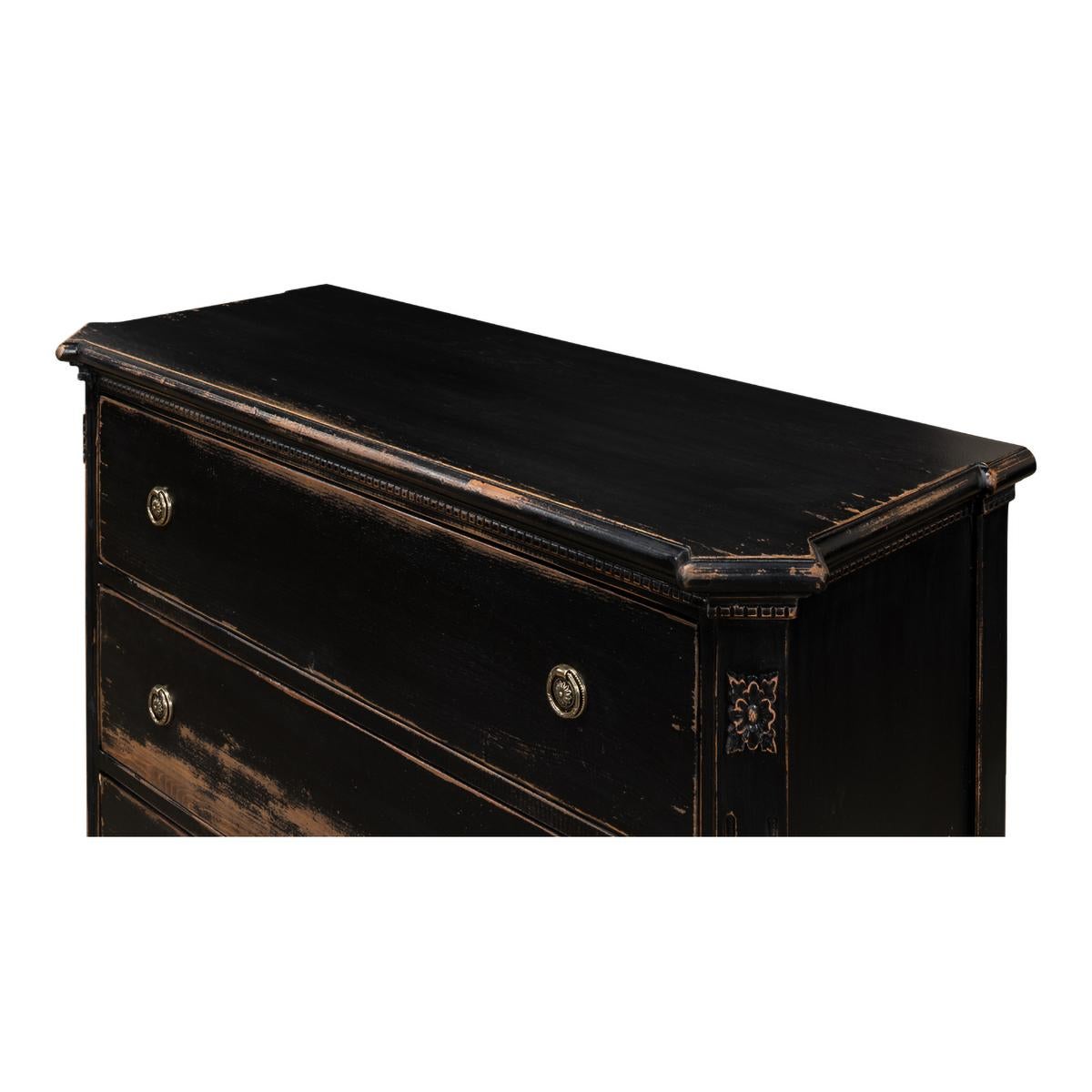 Asian Pair of Louis XVI Style Antiqued Black Commodes For Sale
