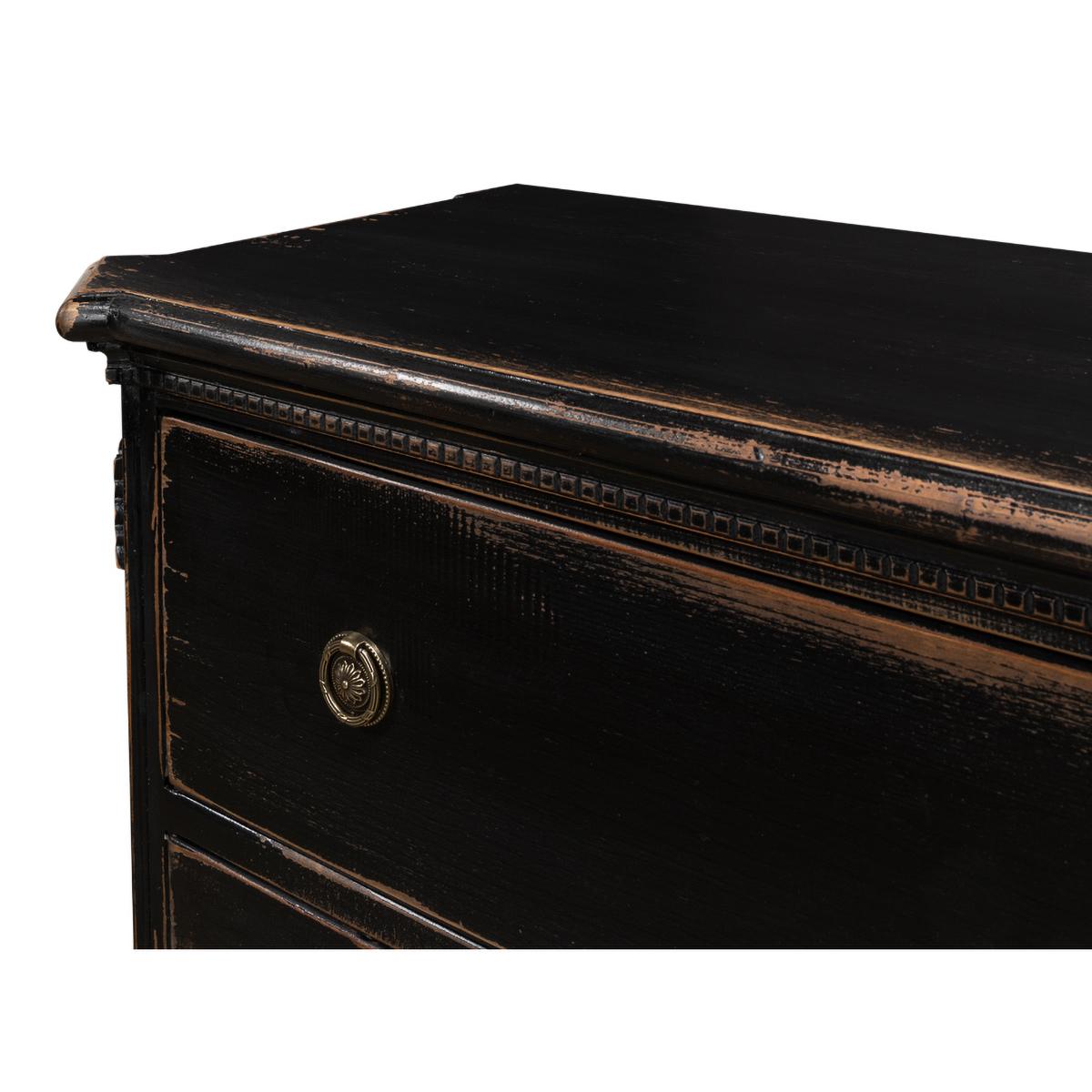 Contemporary Pair of Louis XVI Style Antiqued Black Commodes For Sale
