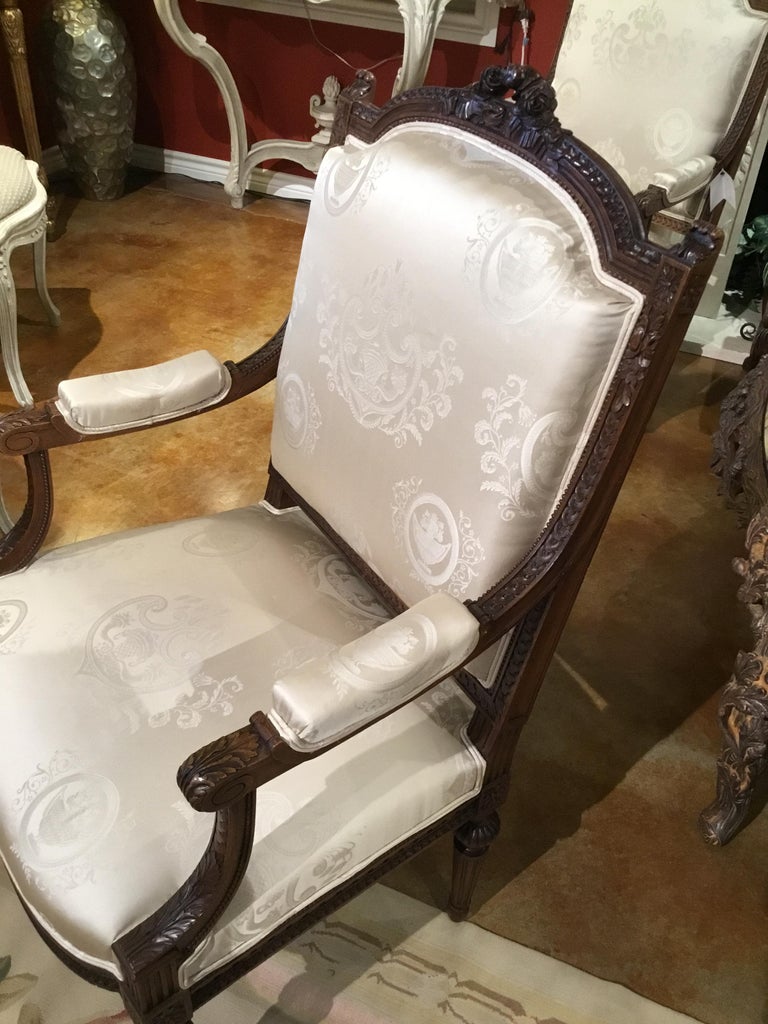 Pair of Louis XVI Style Armchairs, 19th Century, Silk Upholstery For Sale 5