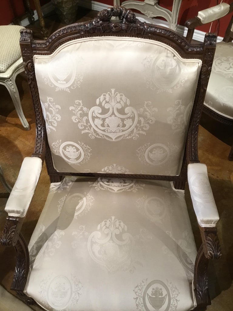 Pair of Louis XVI Style Armchairs, 19th Century, Silk Upholstery For Sale 7