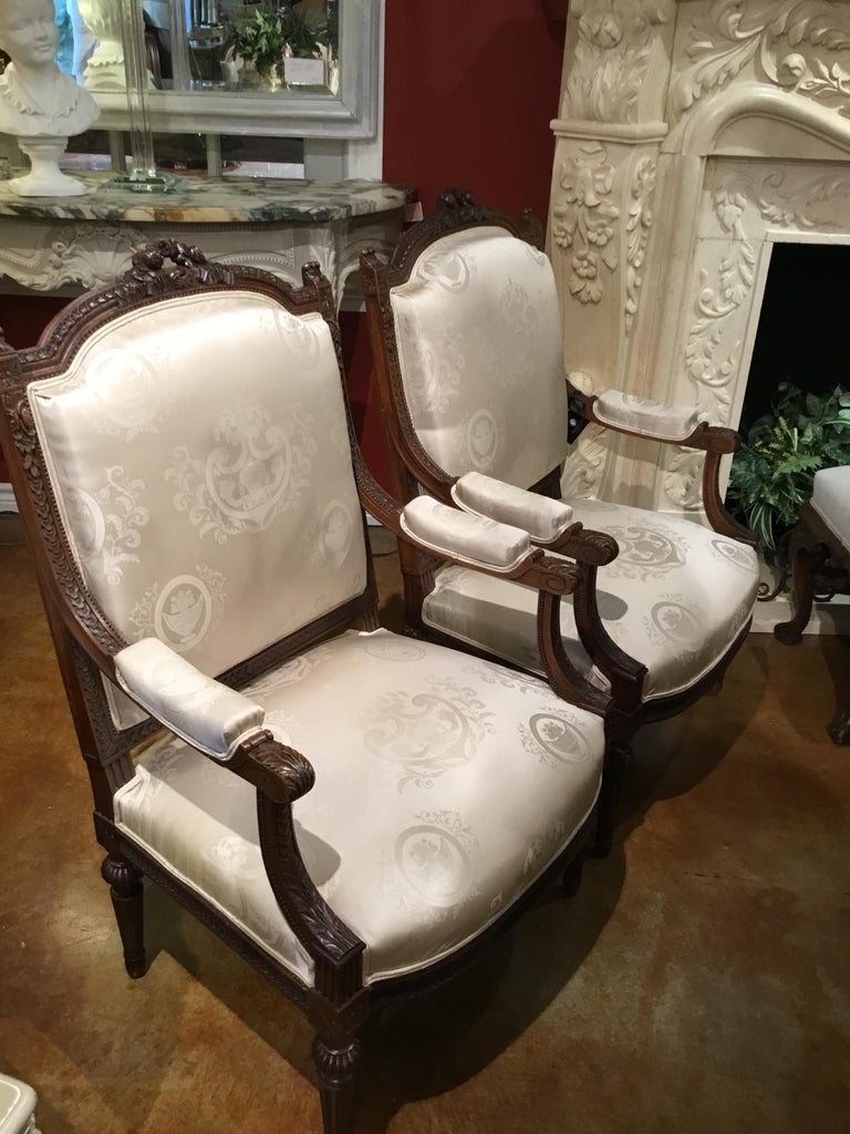 Pair of Louis XVI Style Armchairs, 19th Century, Silk Upholstery For Sale 8