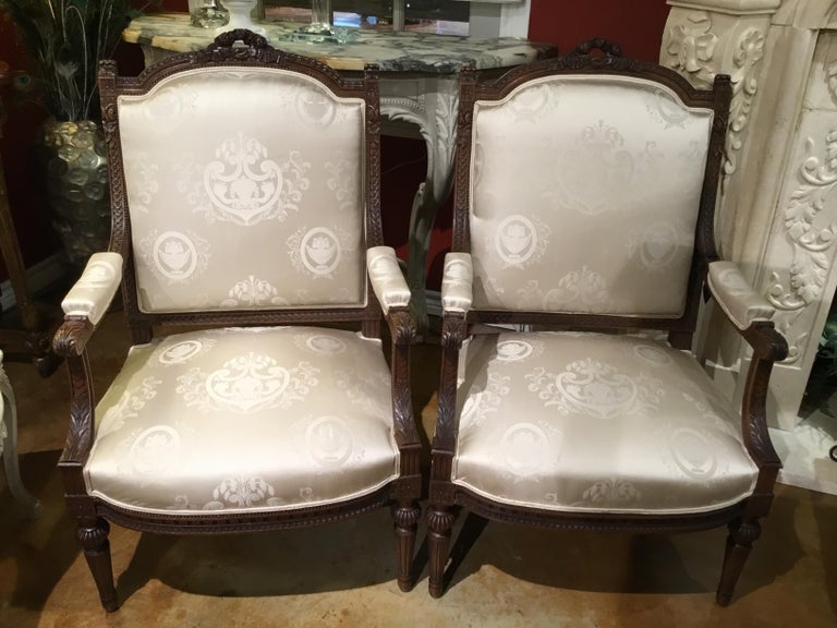 French Pair of Louis XVI Style Armchairs, 19th Century, Silk Upholstery For Sale