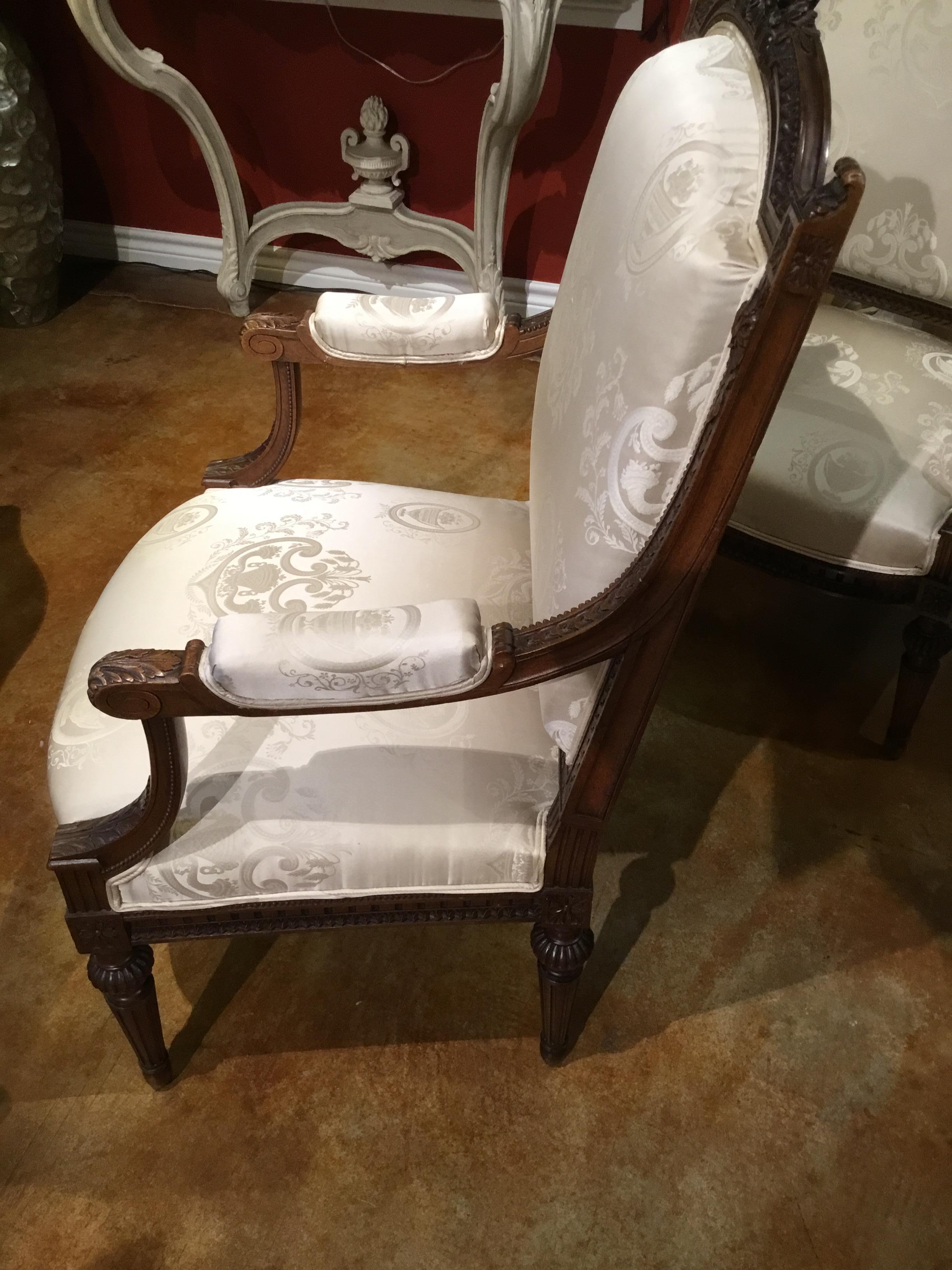Pair of Louis XVI Style Armchairs, 19th Century, Silk Upholstery For Sale 4