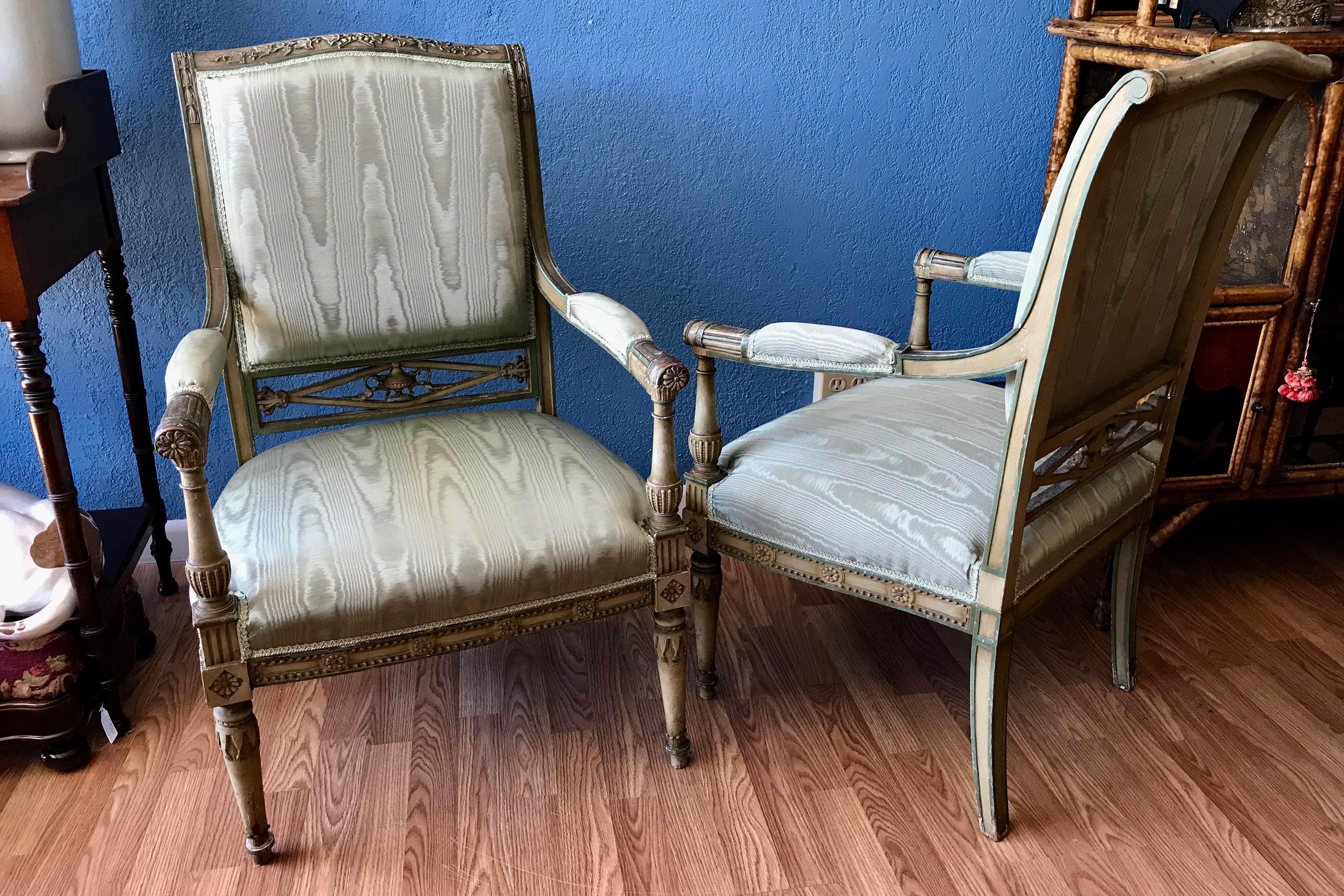 Silk Pair of Louis XVI Style Arm Chairs