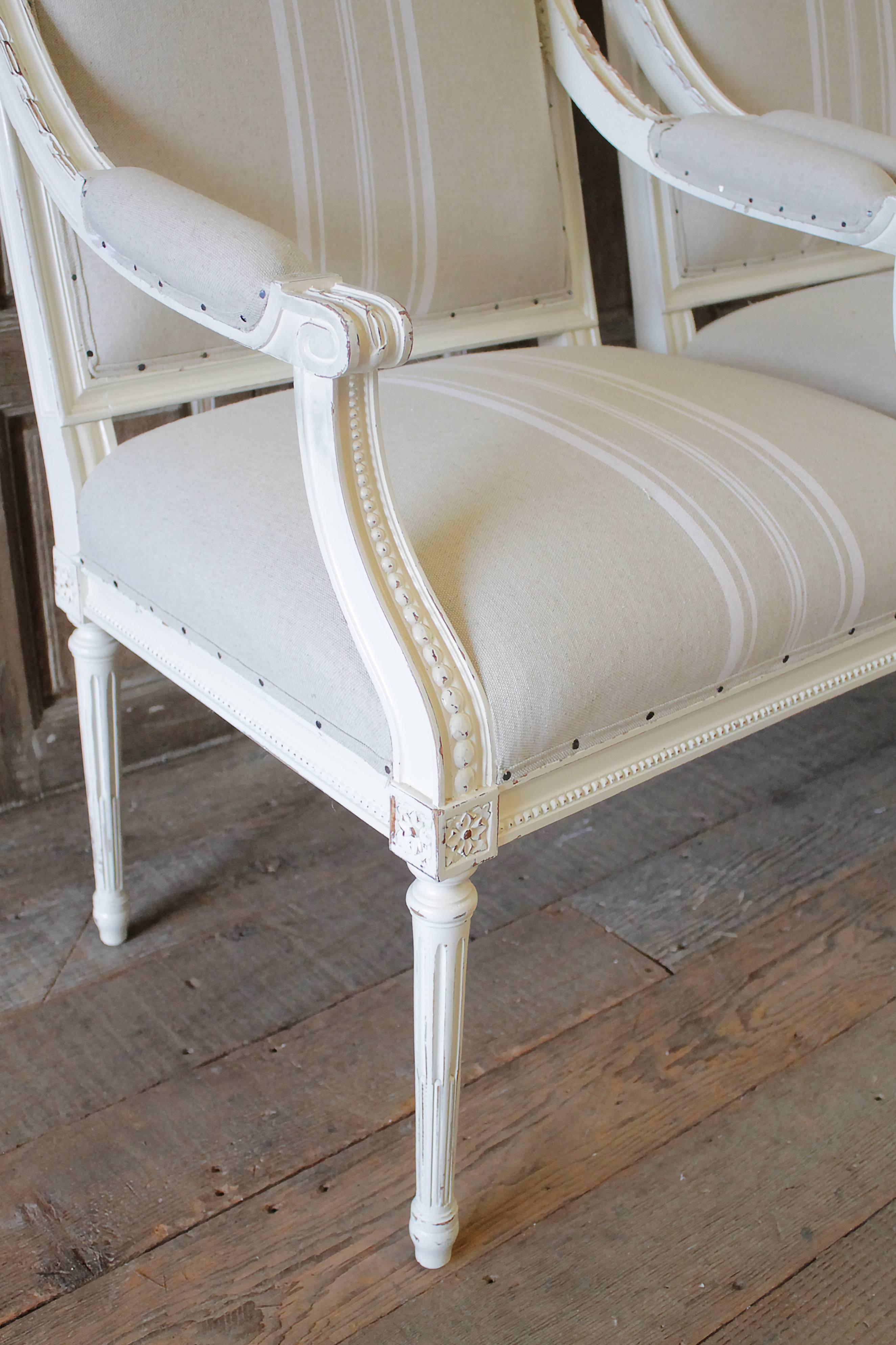 Pair of Louis XVI Style Armchairs in Natural French Stripe Linen In Good Condition In Brea, CA