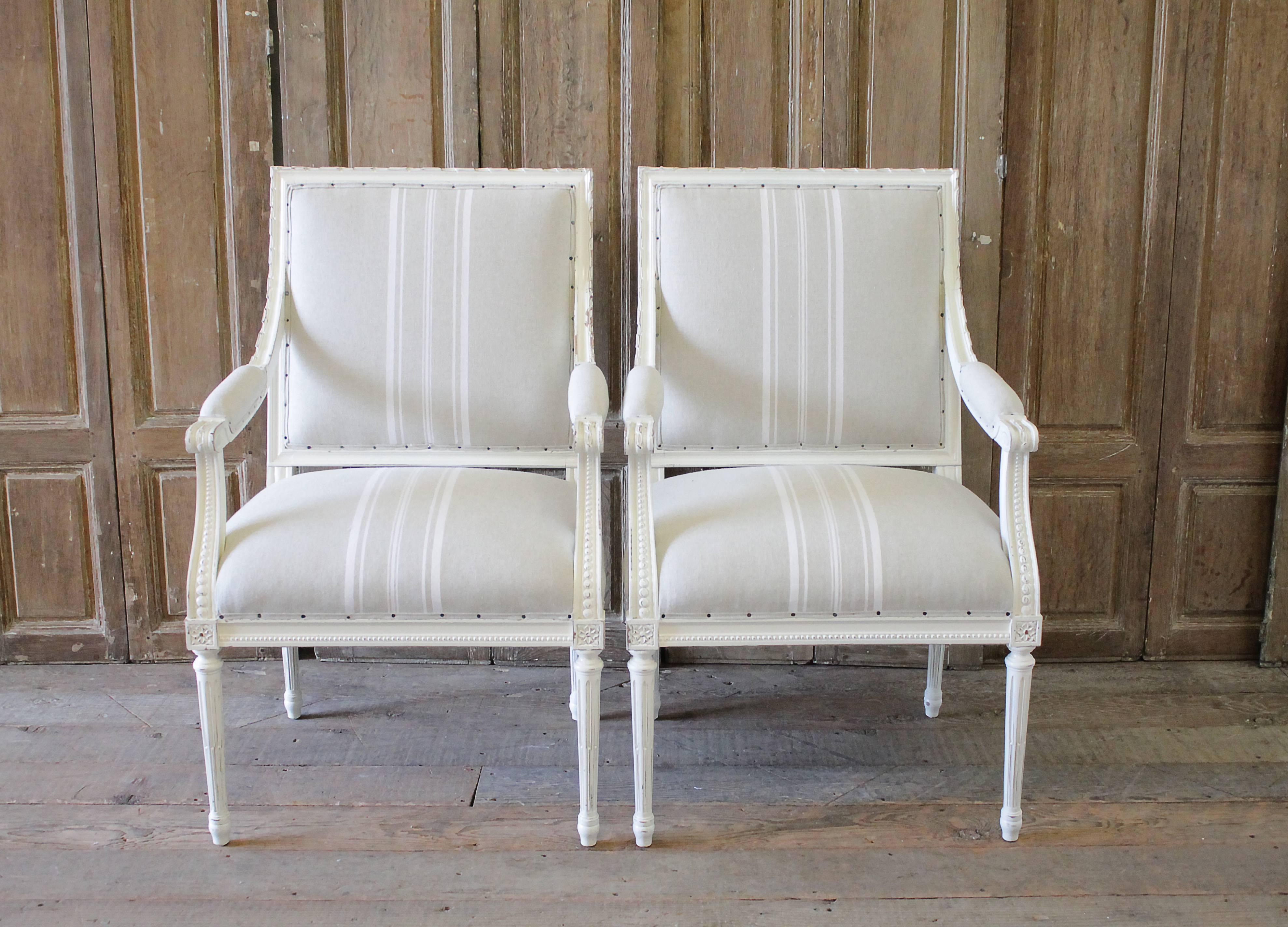Contemporary Pair of Louis XVI Style Armchairs in Natural French Stripe Linen