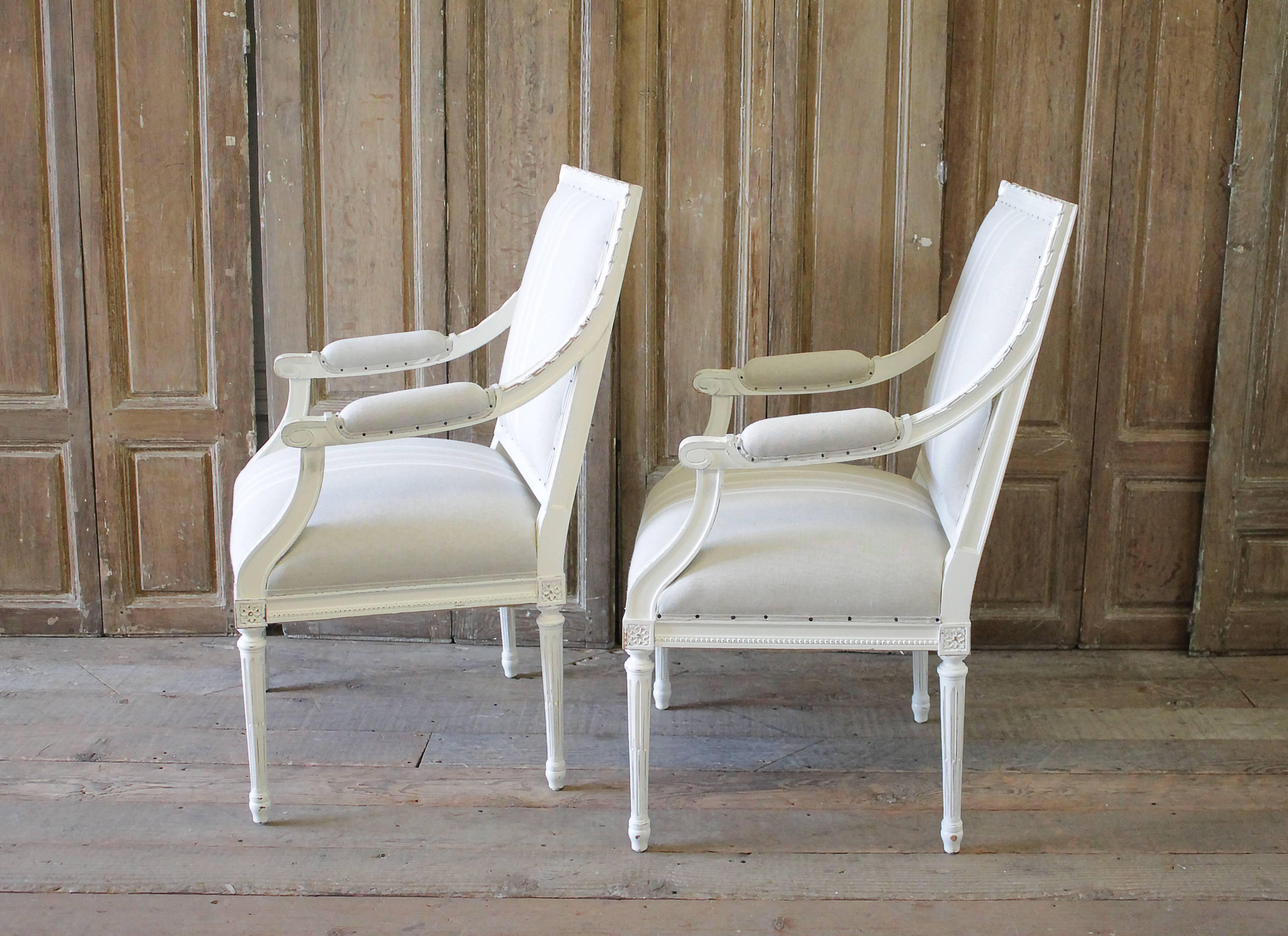 Pair of Louis XVI Style Armchairs in Natural French Stripe Linen 1
