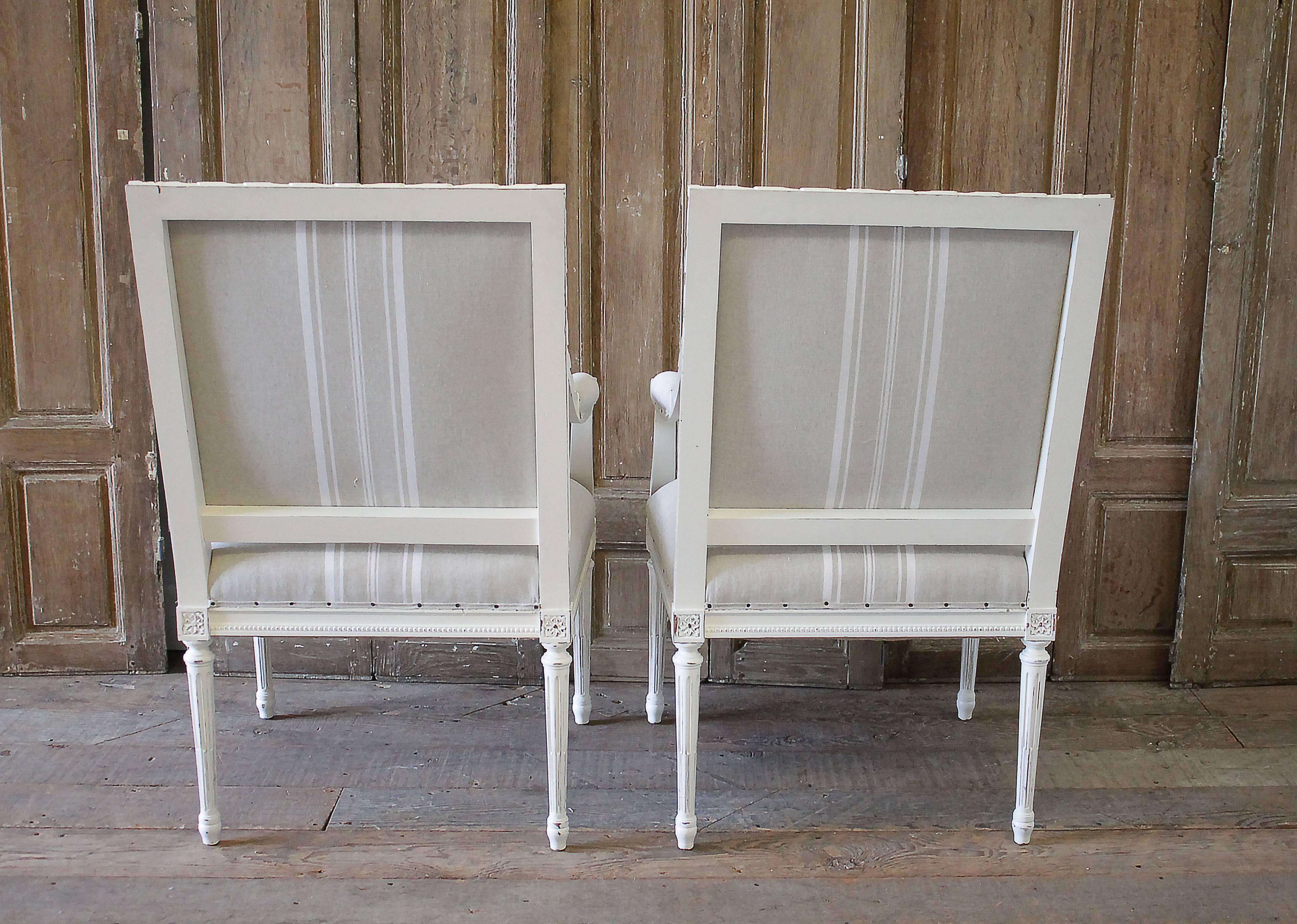 Pair of Louis XVI Style Armchairs in Natural French Stripe Linen 2