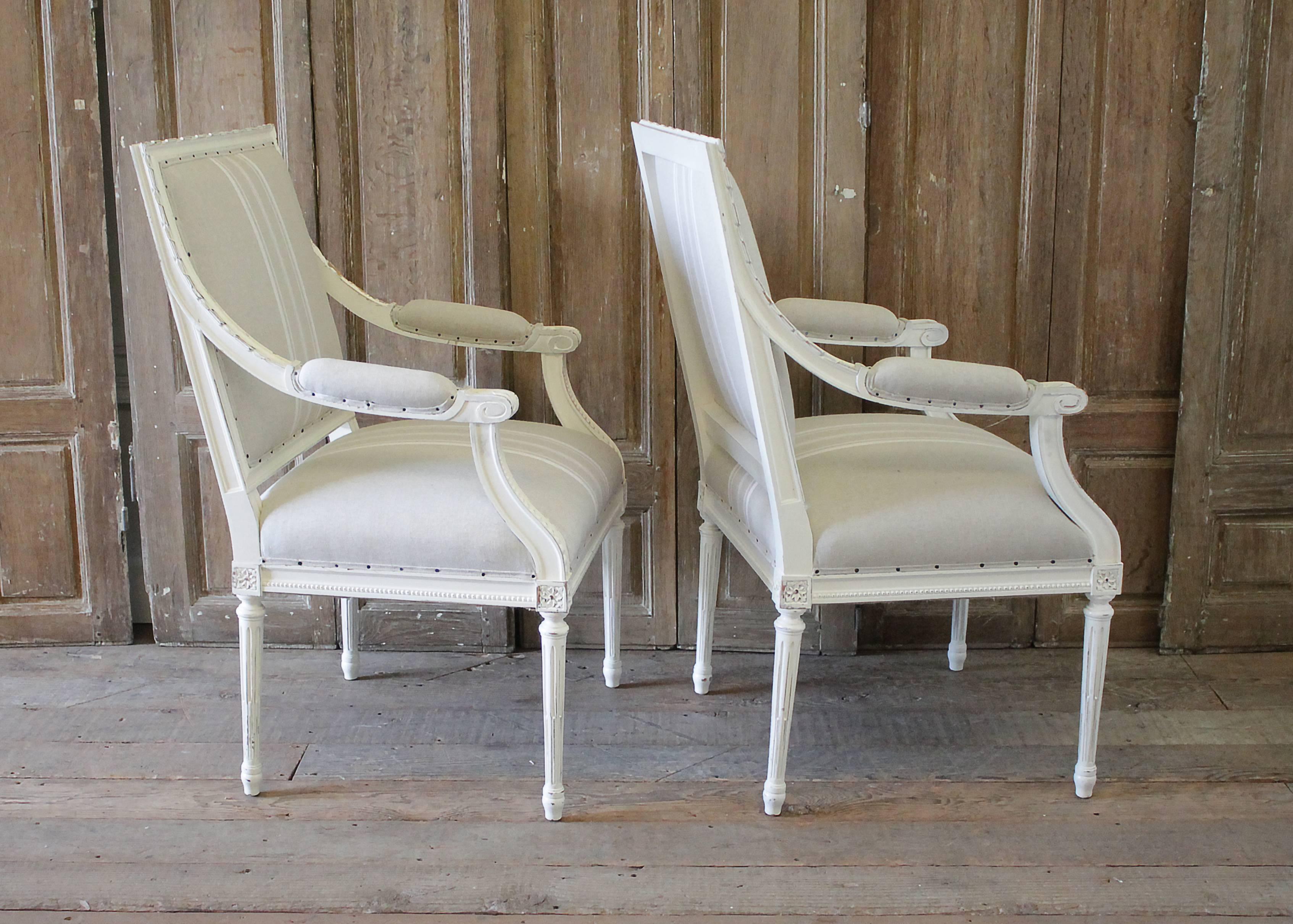 Pair of Louis XVI Style Armchairs in Natural French Stripe Linen 3