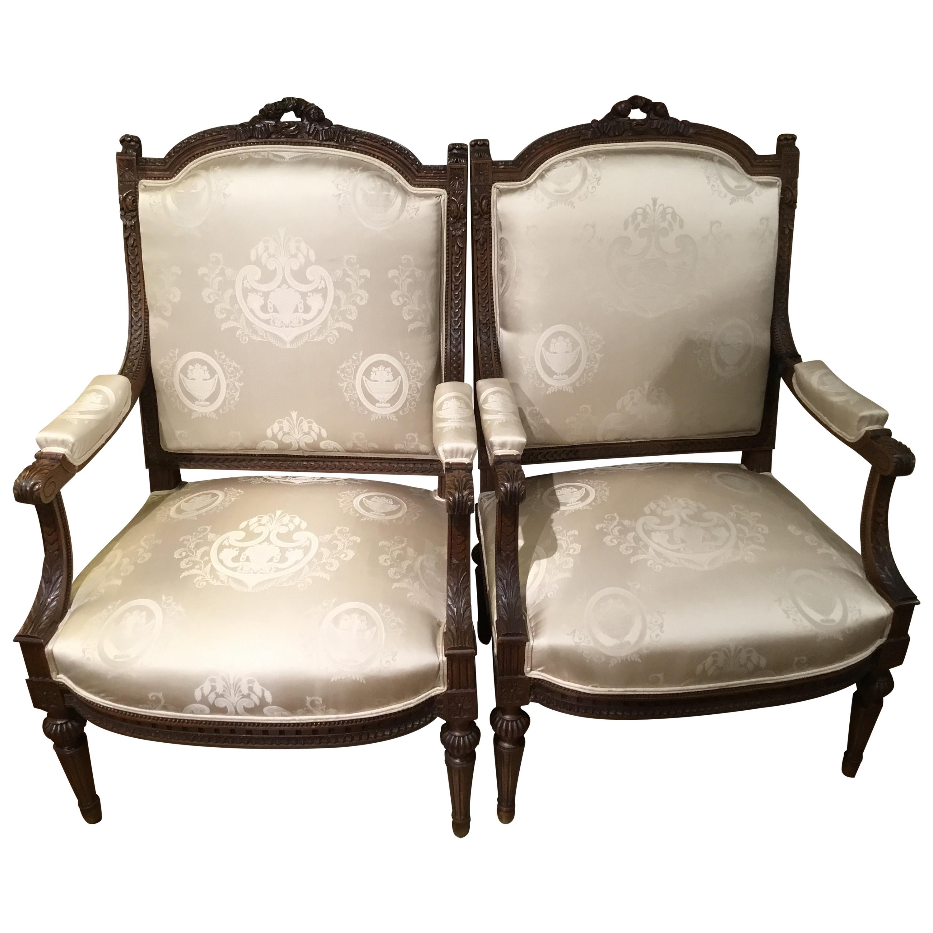 Pair of Louis XVI Style Armchairs, 19th Century, Silk Upholstery