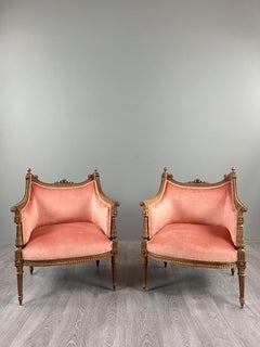 Pair Of Louis XVI Style Armchairs Bergères In Carved Wood, Velvet, 20th Century