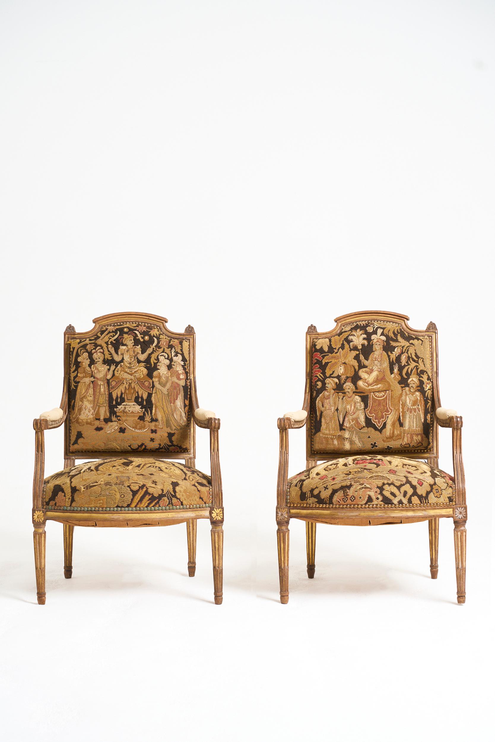 A pair of Louis XVI style carved and gilded beech armchairs, with their original tapestry.
France, Circa 1880
Provenance: Hotel particulier d' Espondeilhan, Beziers.
