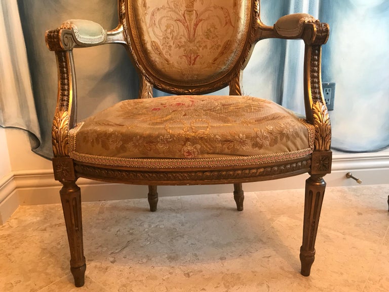 Giltwood Pair of Louis XVI Style Armchairs For Sale