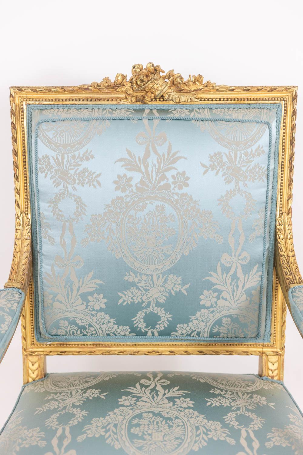 Pair of Louis XVI style armchairs in gilded and carved wood. Circa 1880. 2