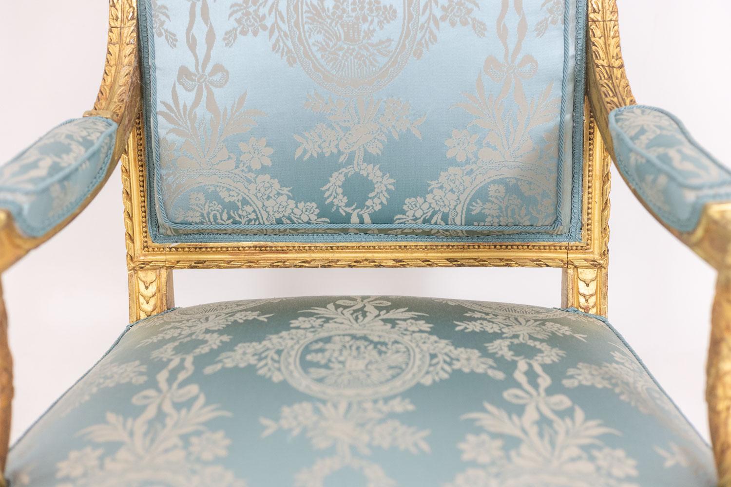 Pair of Louis XVI style armchairs in gilded and carved wood. Circa 1880. 3