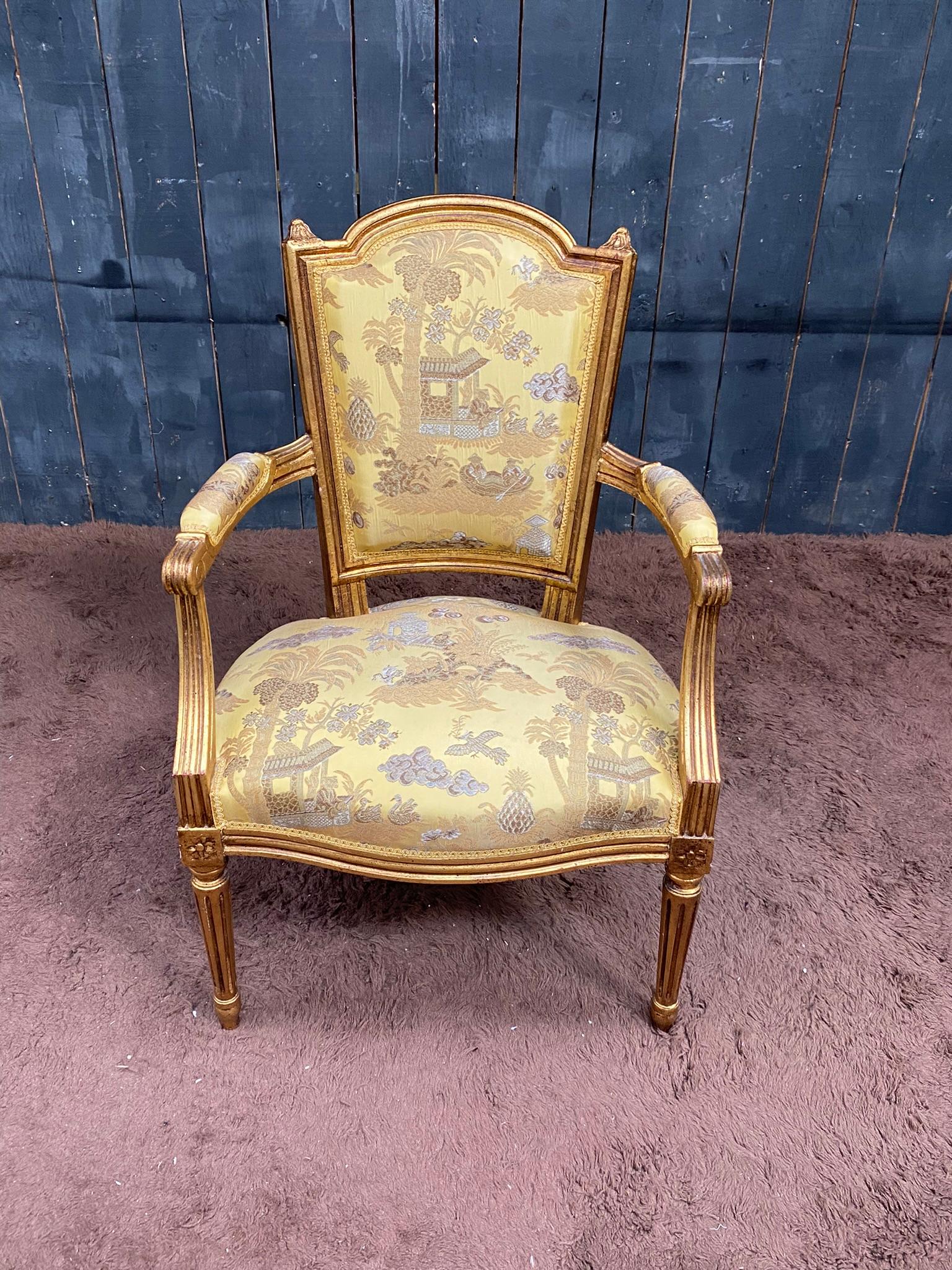 Coppia di poltrone in stile Luigi XVI in legno dorato, tappezzeria con decoro 