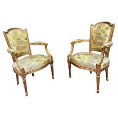 Retro Pair of Louis XVI style armchairs in gilded wood, "Chinese" decor tapestry