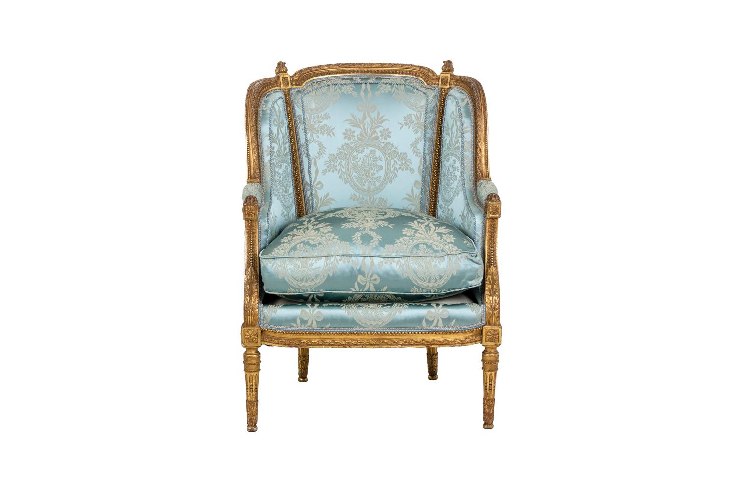 French Pair of Louis XVI Style Armchairs in Gilded Wood, circa 1880
