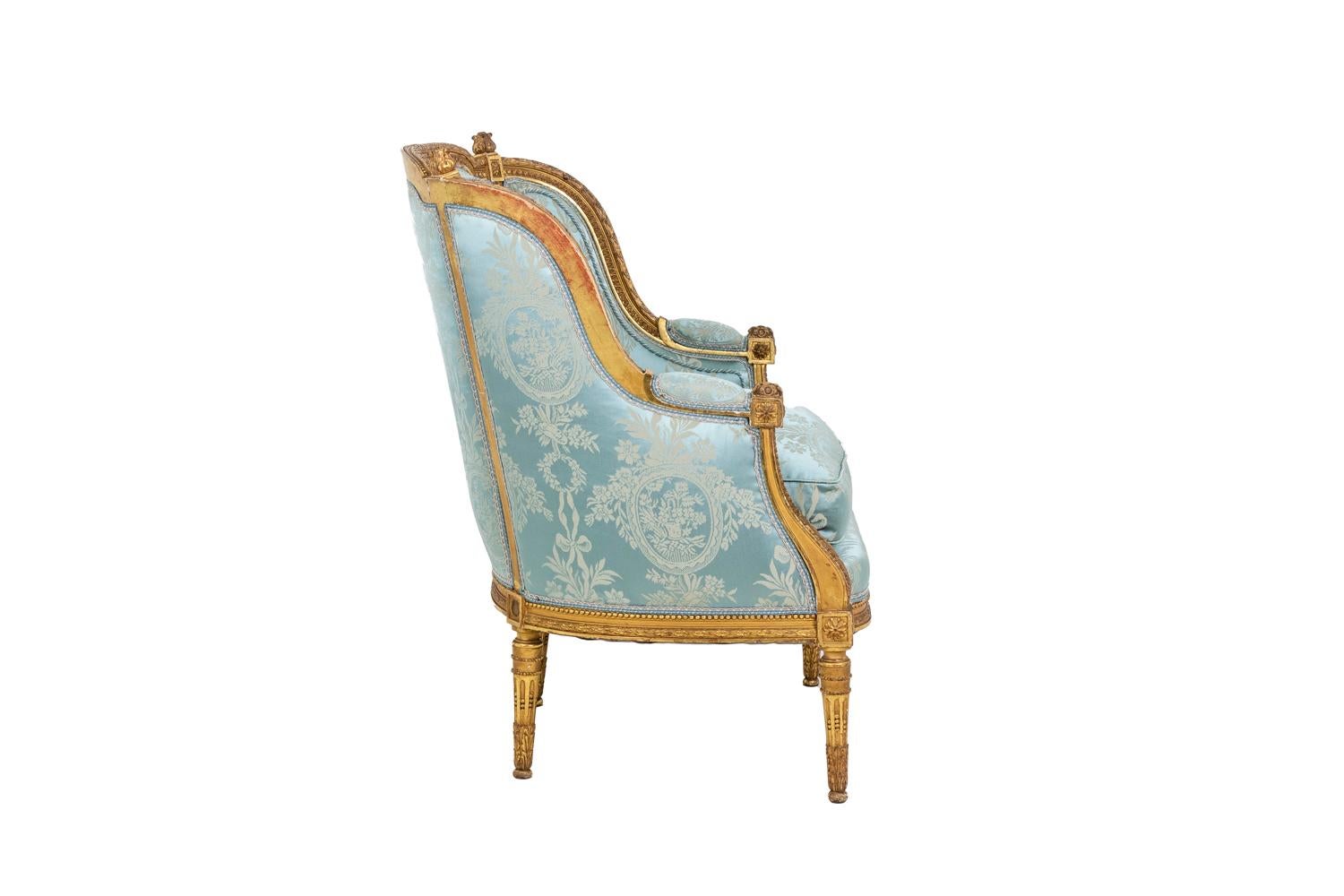19th Century Pair of Louis XVI Style Armchairs in Gilded Wood, circa 1880