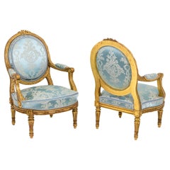 Pair of Louis XVI Style Armchairs in Gilded Wood, circa 1880