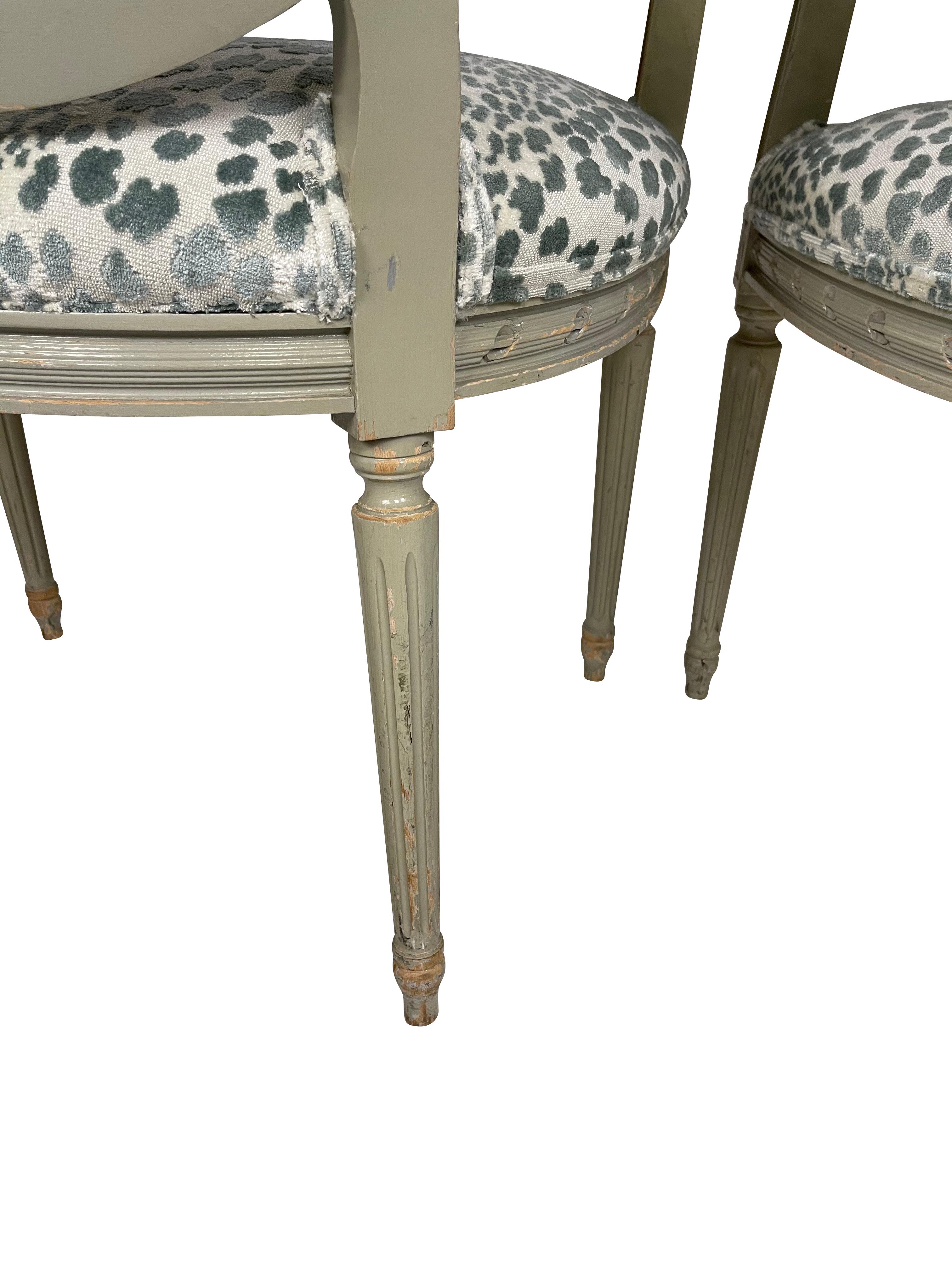Wood Pair of Louis XVI Style Armchairs with Blue/Green Animal Print Velvet
