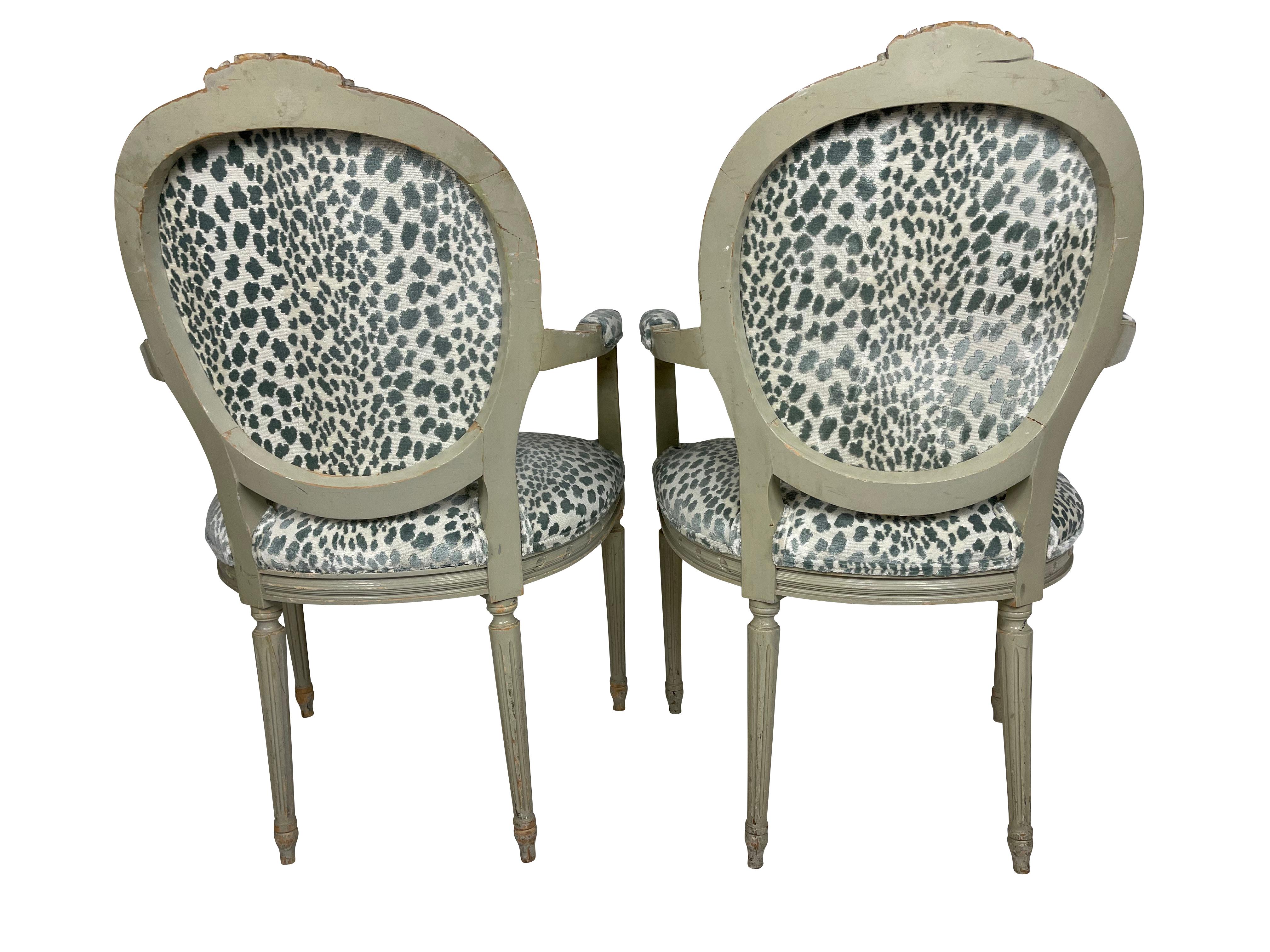 Carved Pair of Louis XVI Style Armchairs with Blue/Green Animal Print Velvet