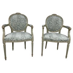 Pair of Louis XVI Style Armchairs with Blue/Green Animal Print Velvet