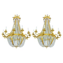 Pair of Louis XVI Style Ballroom Chandelier, Bronze and Crystal, Monumental