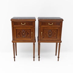 Pair of Louis XVI Style Bedside Tables with Inlays and Marble Top, Italy, 1920s