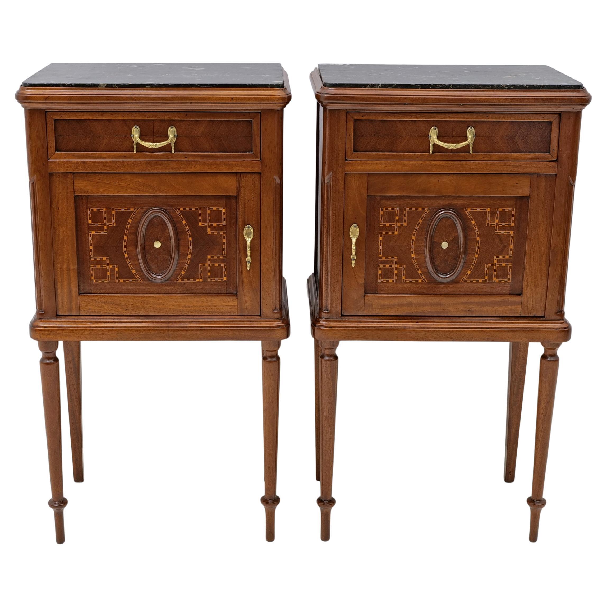 Pair of Louis XVI Style Bedside Tables with Inlays and Marble Top, Italy, 1920s in vendita
