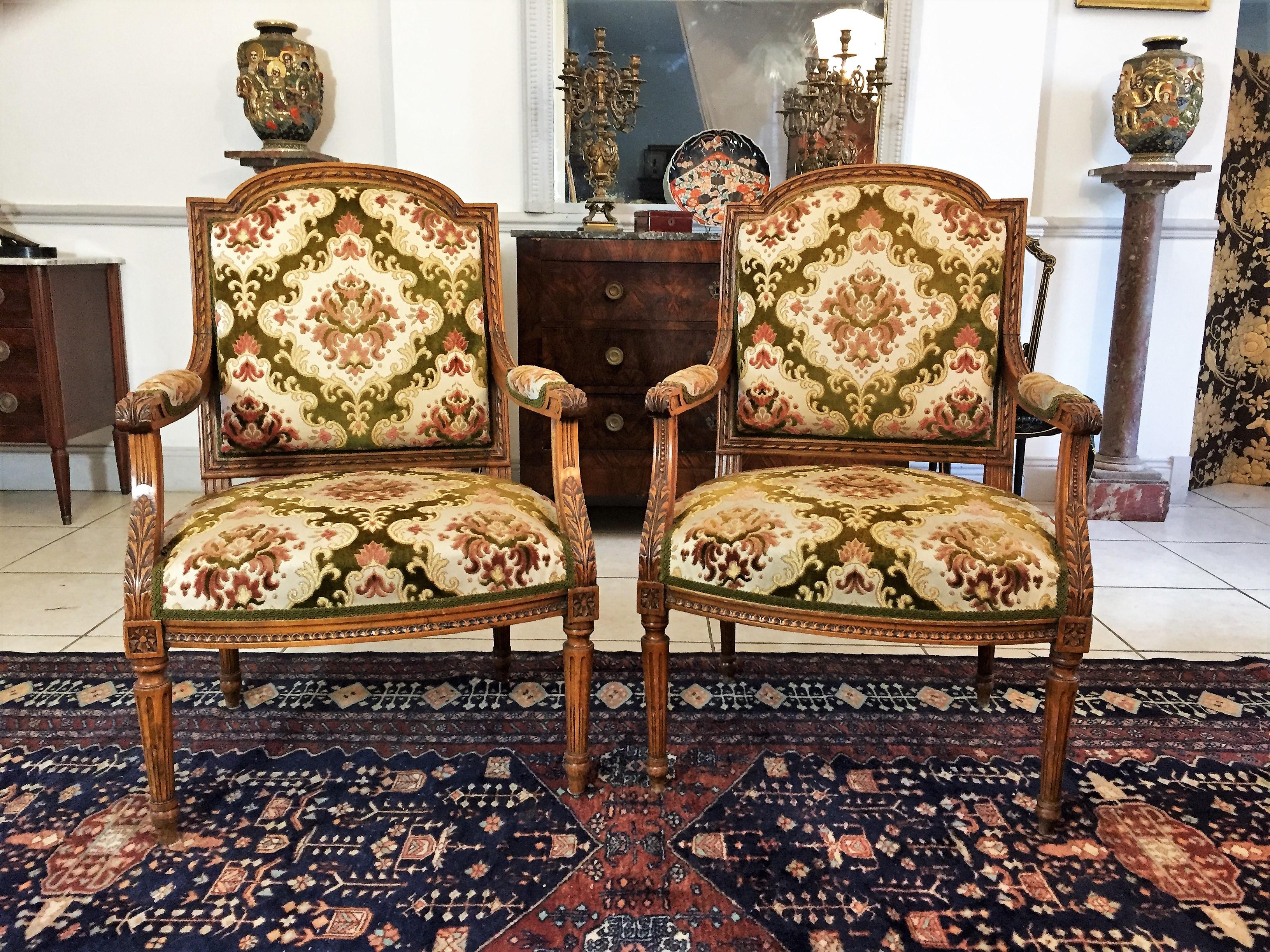 Pair of Louis XVI Style Beech Armchairs in Green and Pink Fabric, circa 1880 3