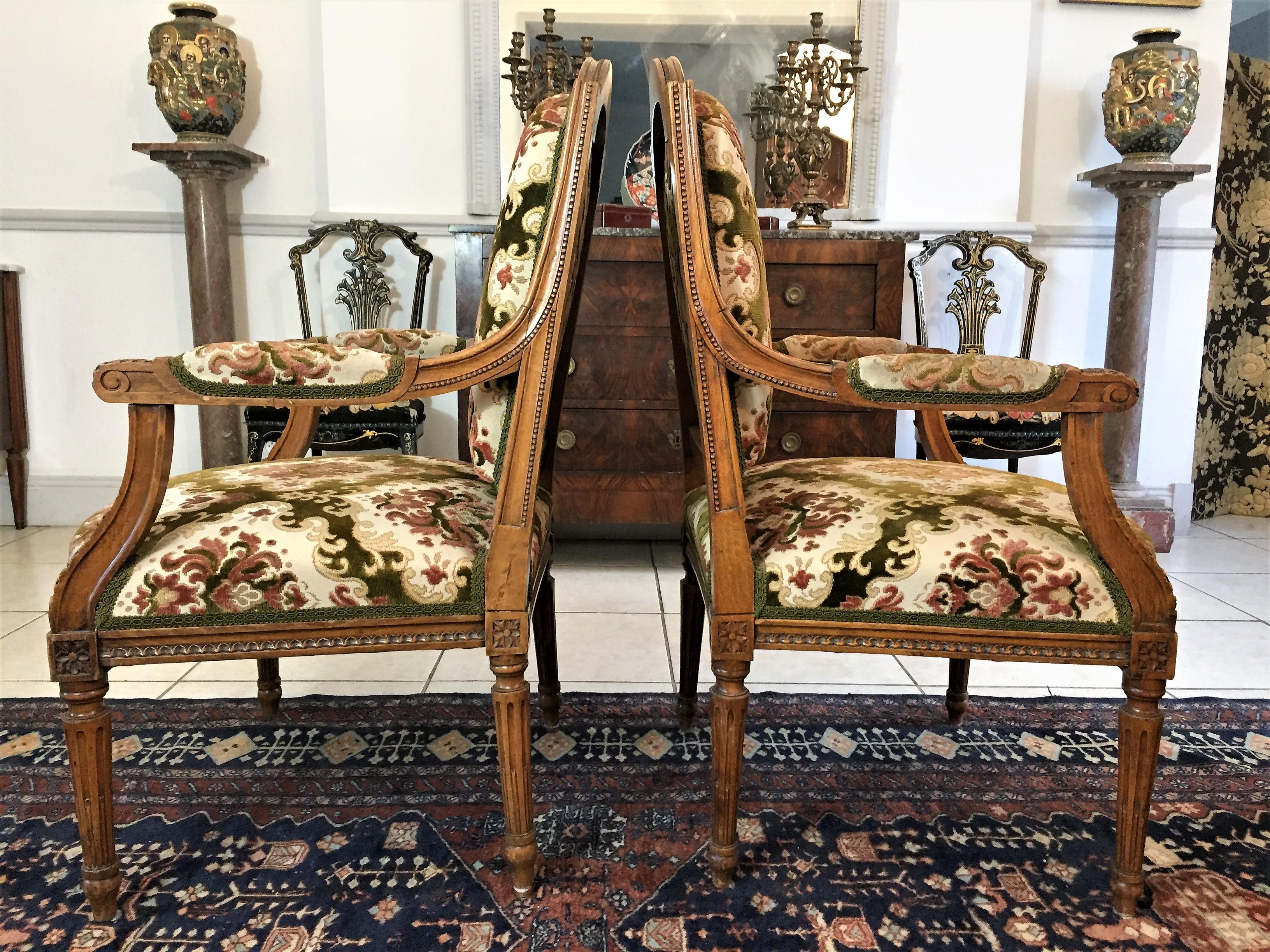French Pair of Louis XVI Style Beech Armchairs in Green and Pink Fabric, circa 1880