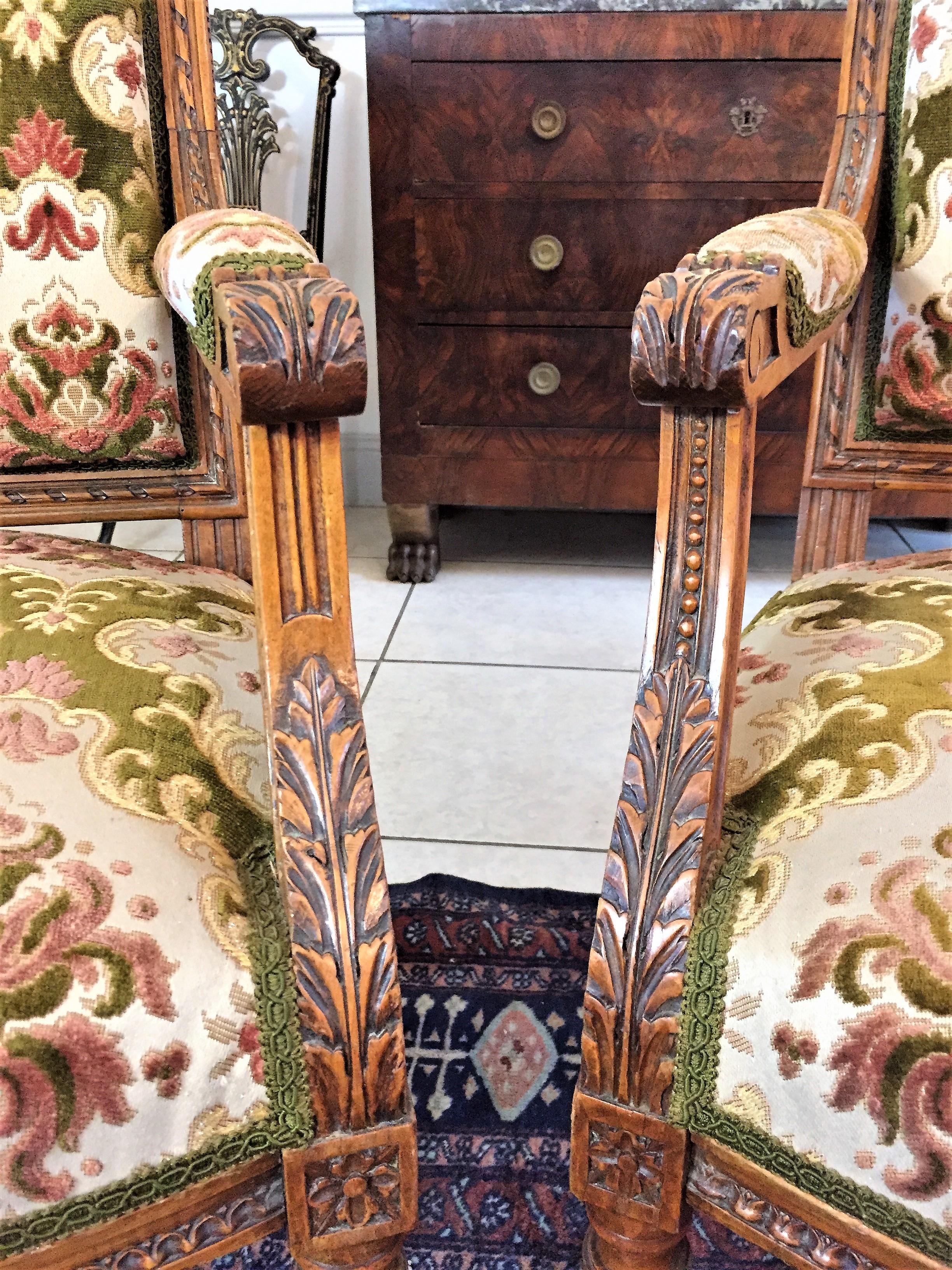 19th Century Pair of Louis XVI Style Beech Armchairs in Green and Pink Fabric, circa 1880