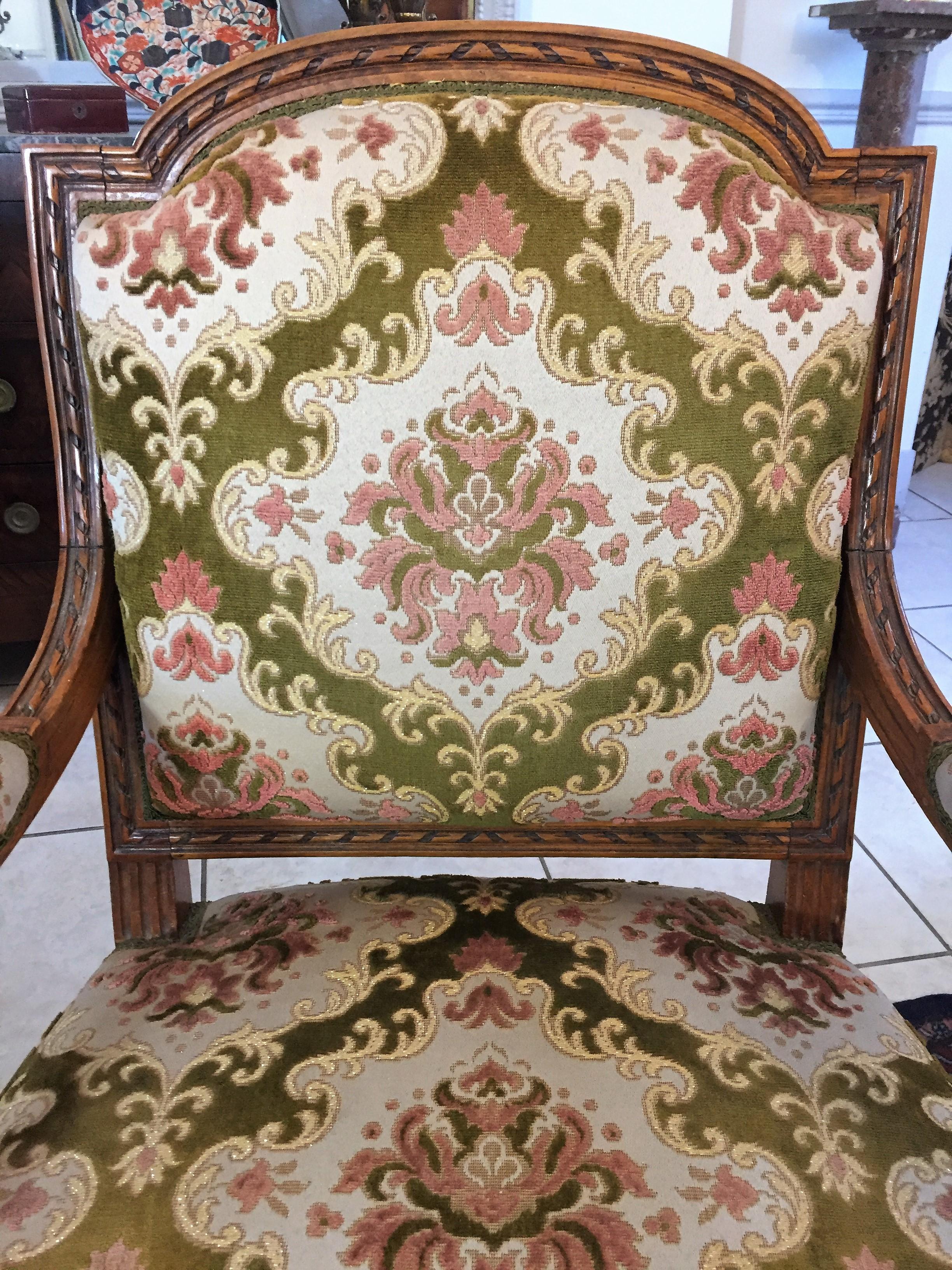 Tapestry Pair of Louis XVI Style Beech Armchairs in Green and Pink Fabric, circa 1880