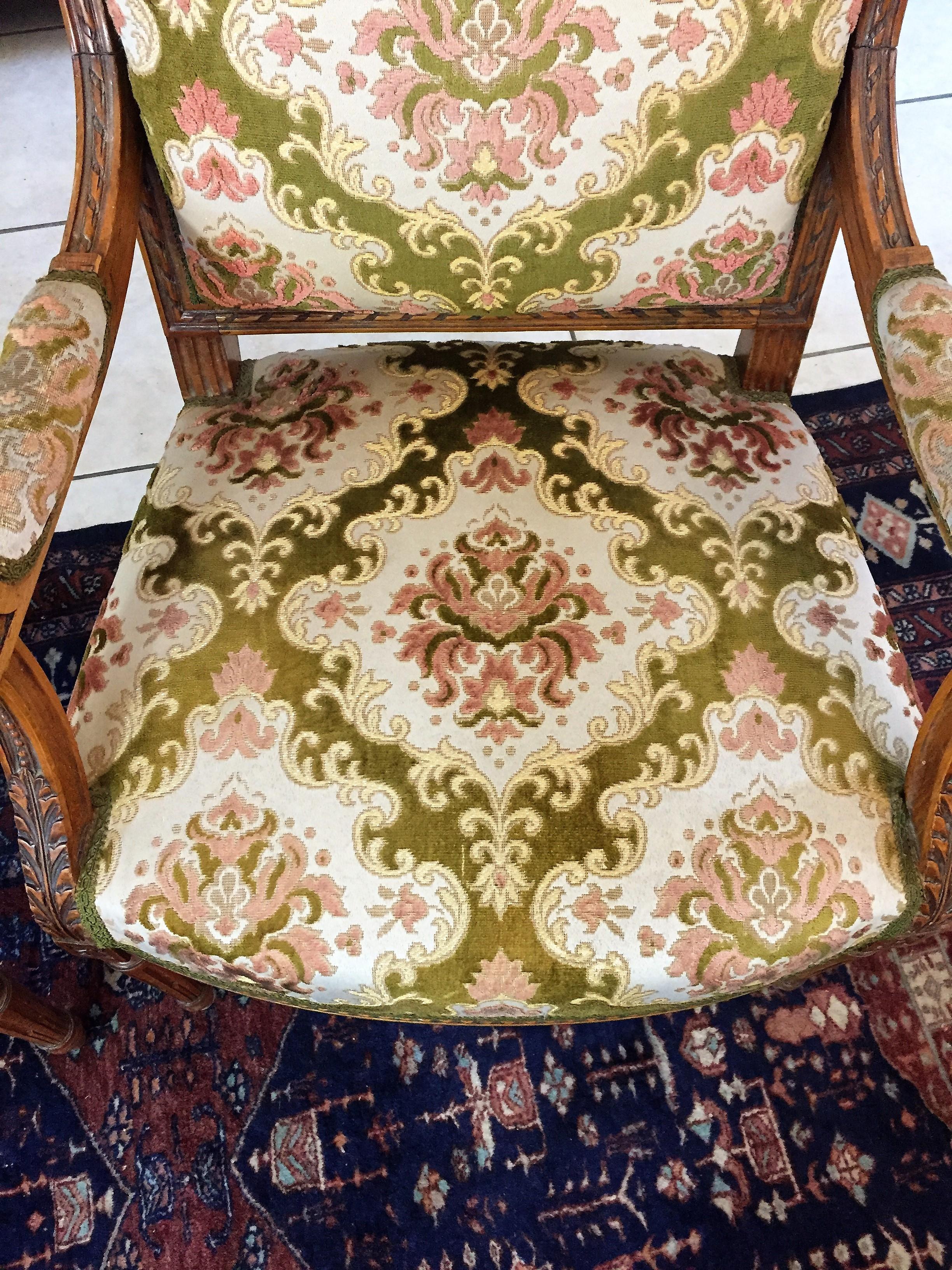 Pair of Louis XVI Style Beech Armchairs in Green and Pink Fabric, circa 1880 1