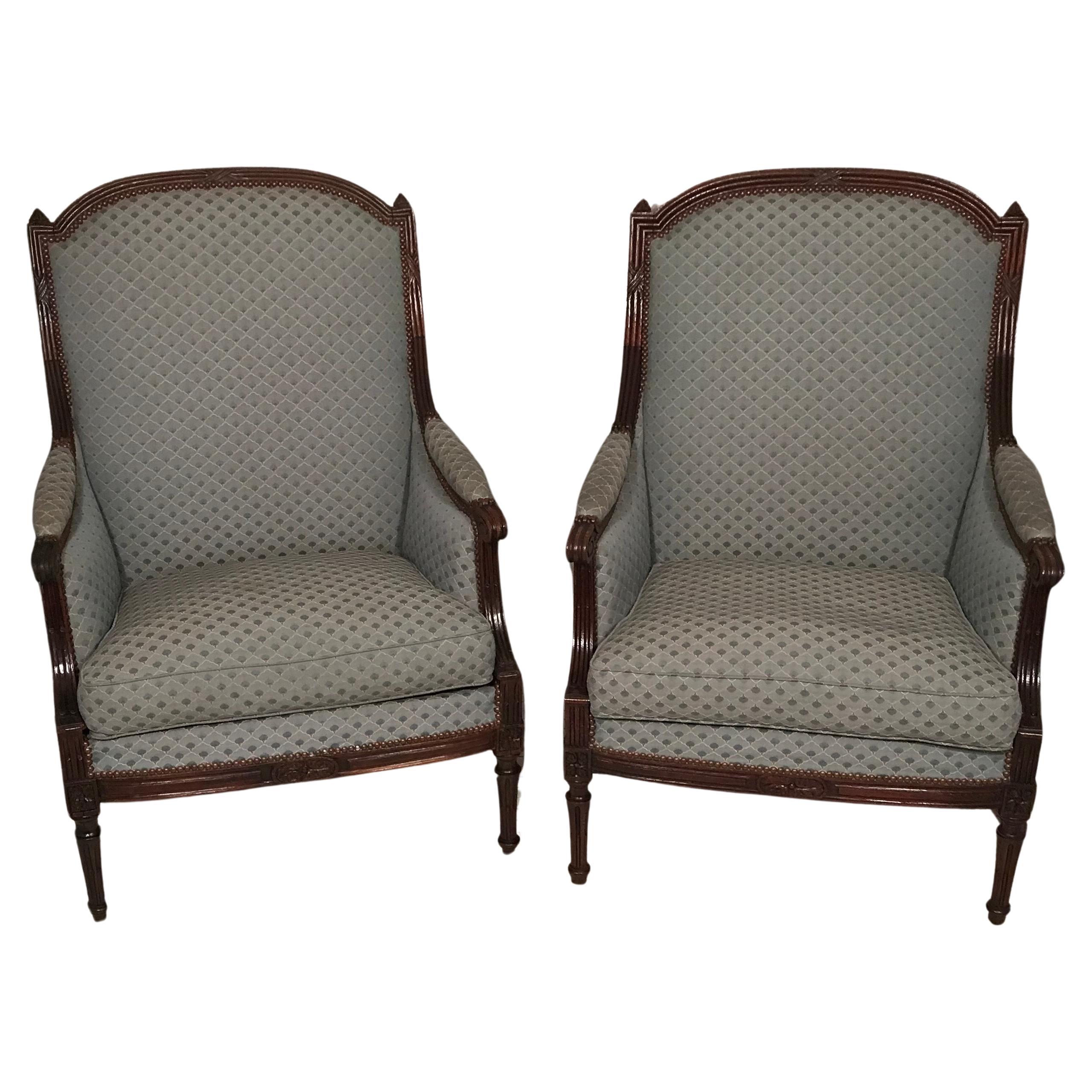 Pair of Louis XVI Style Bergère Armchairs, France 1860-80 For Sale