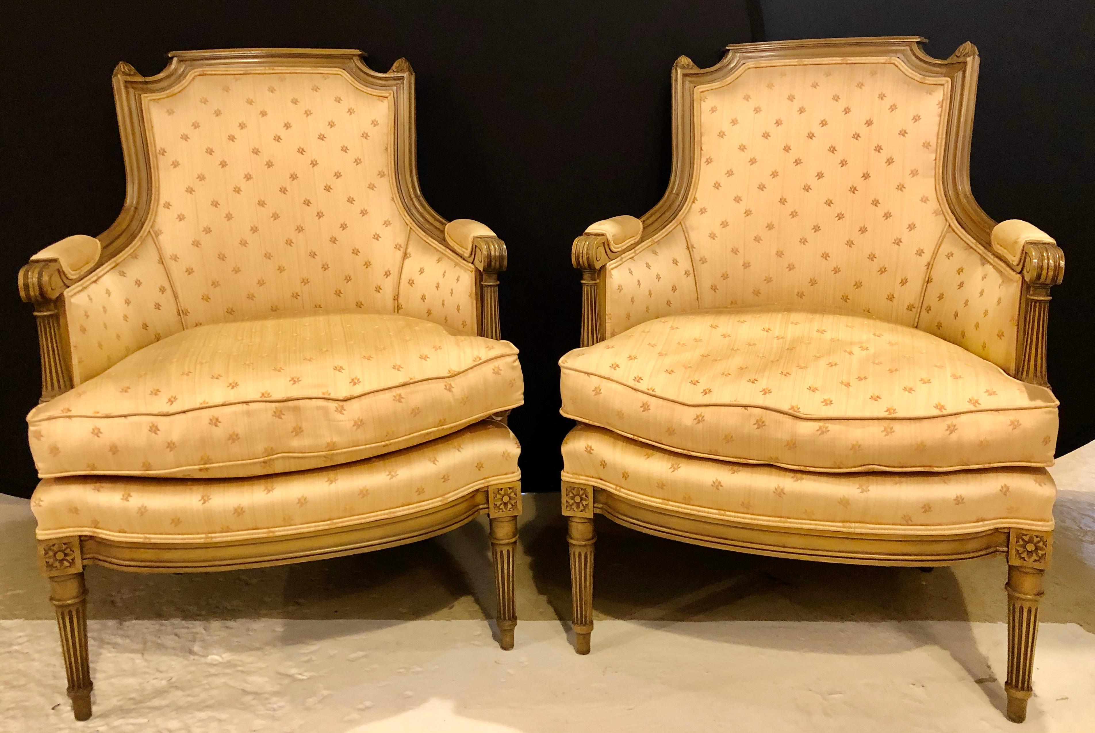 French Pair of Louis XVI Style Bergère Chairs, Armchairs