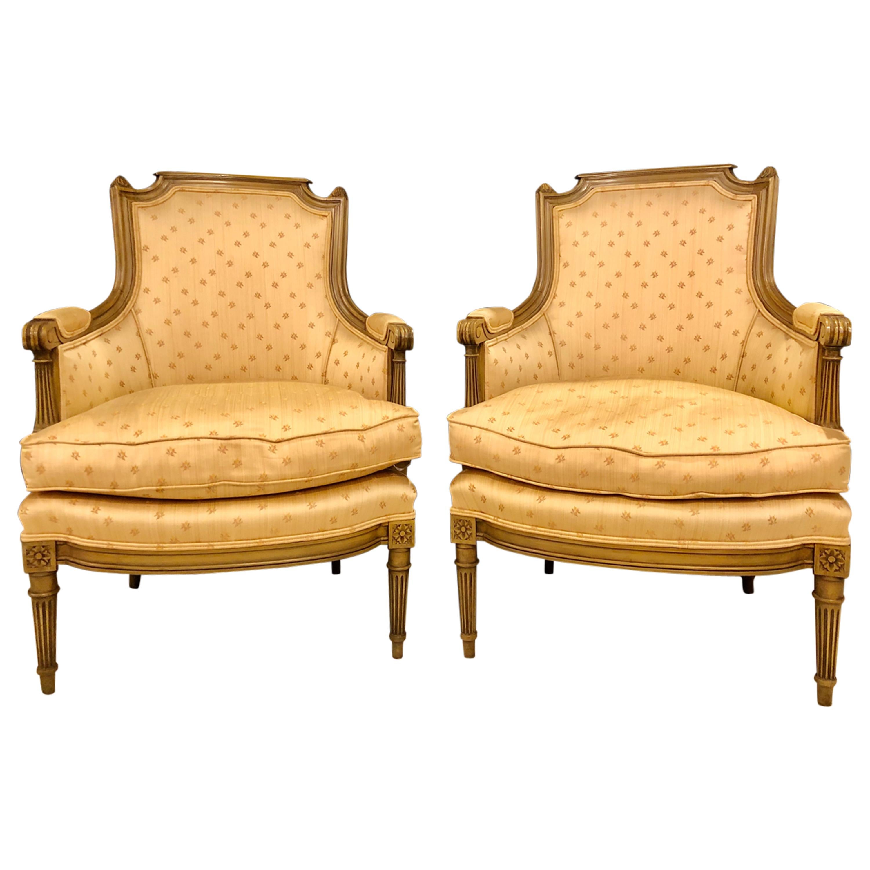 Pair of Louis XVI Style Bergère Chairs, Armchairs