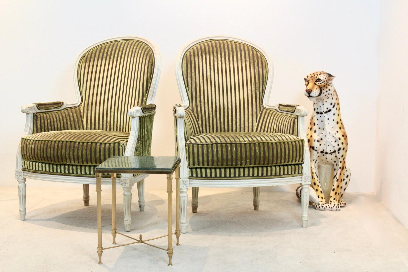 Neoclassical Revival Pair of Louis XVI Style Bergère Chairs by Rosello Paris, France