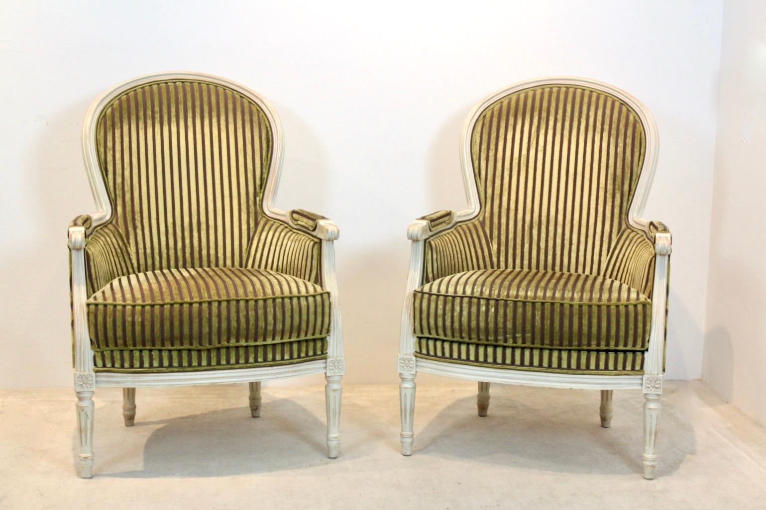 French Pair of Louis XVI Style Bergère Chairs by Rosello Paris, France