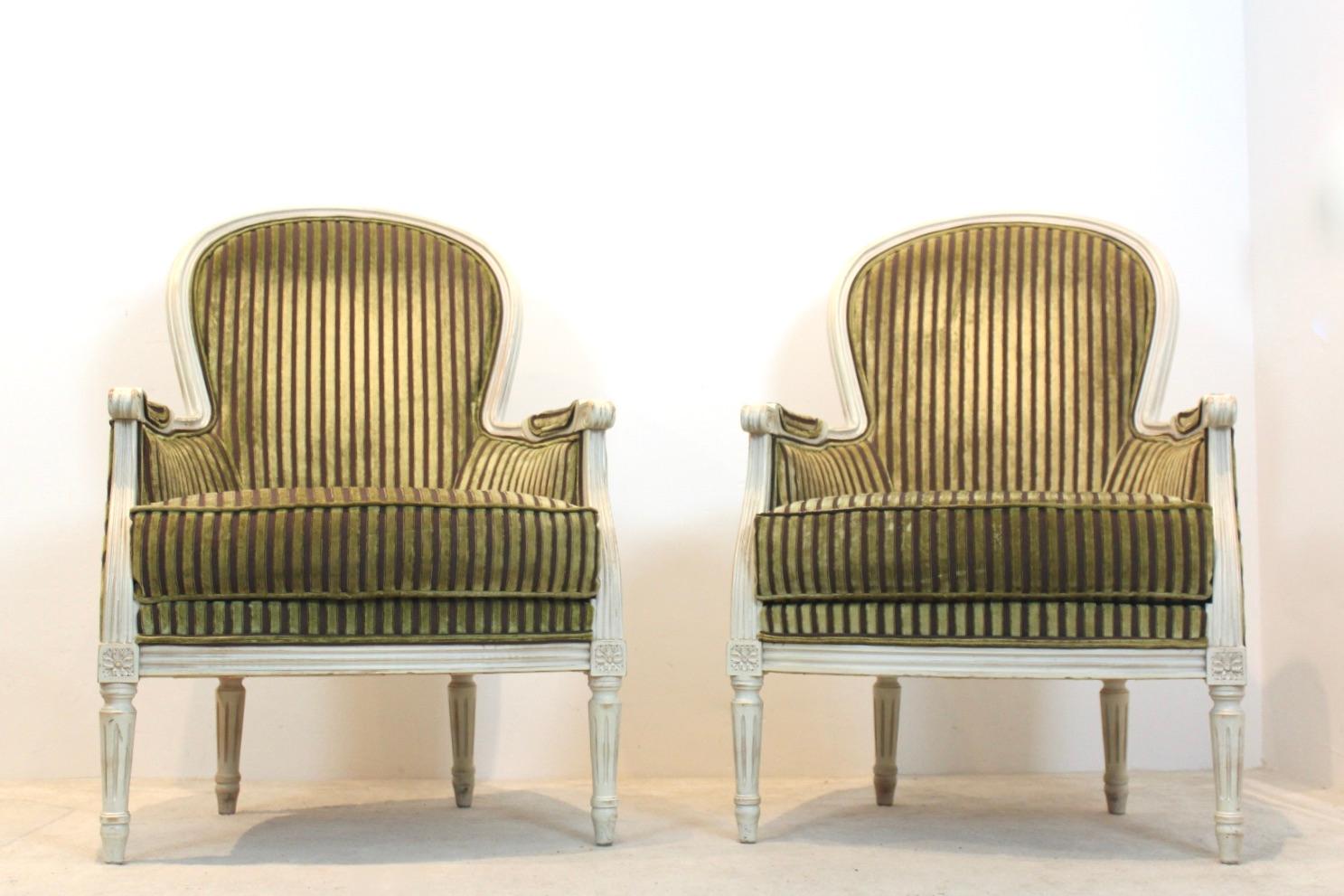 20th Century Pair of Louis XVI Style Bergère Chairs by Rosello Paris, France