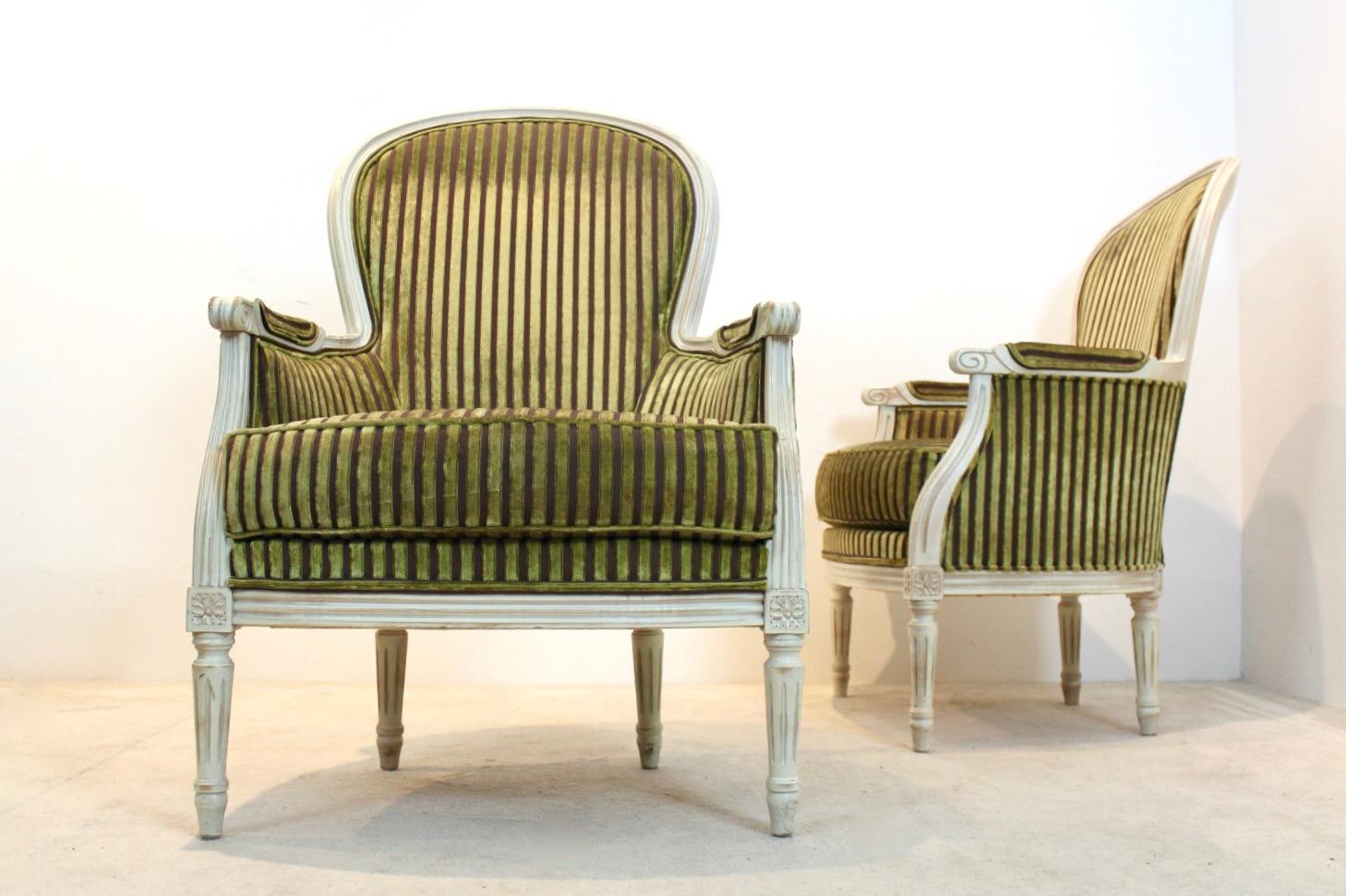 Pair of Louis XVI Style Bergère Chairs by Rosello Paris, France 1