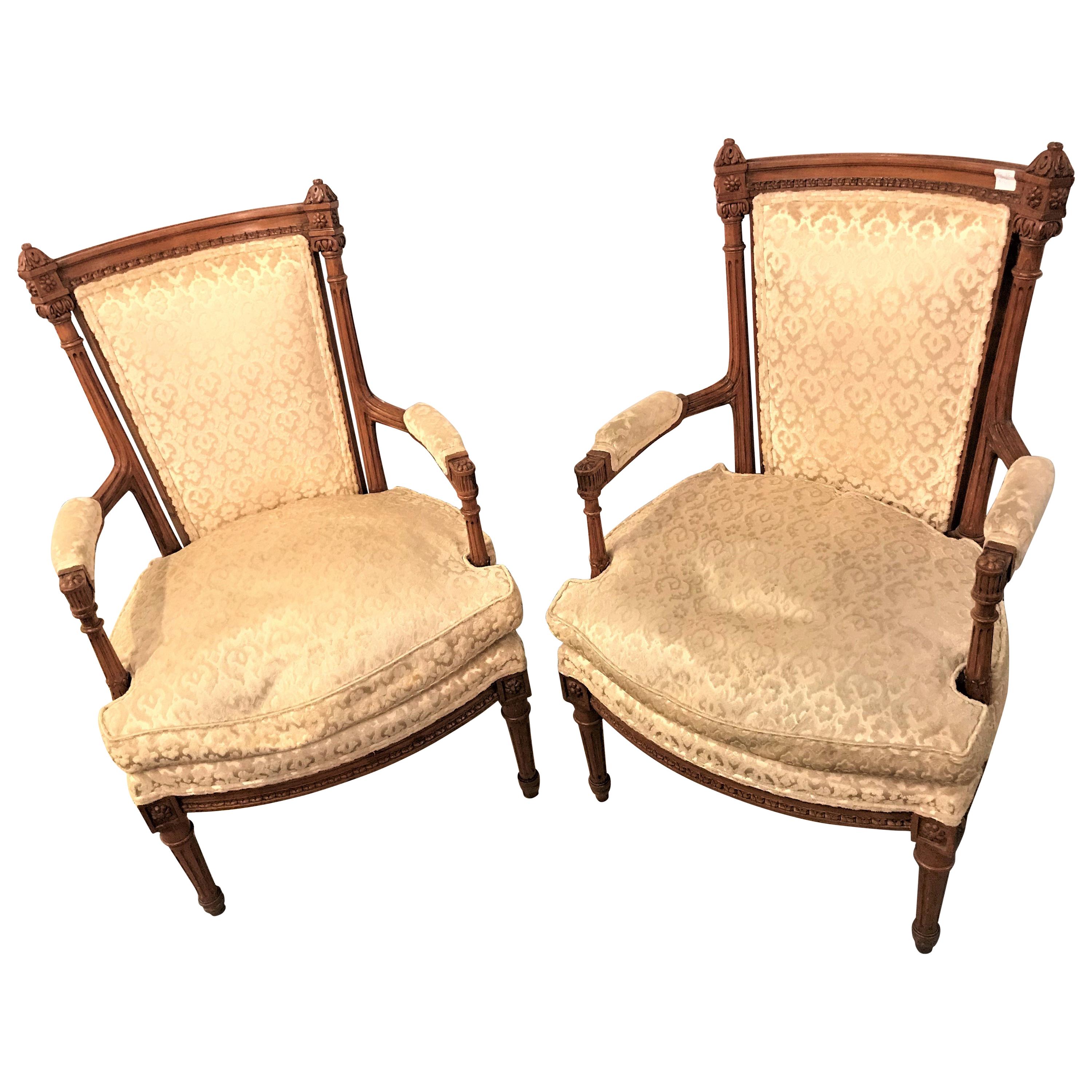 Pair of Louis XVI Style Bergere Chairs or Armchairs