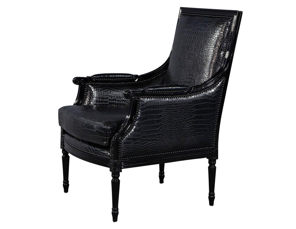 Pair of Louis XVI Style Bergère Club Lounge Armchairs in Croc Leather 4