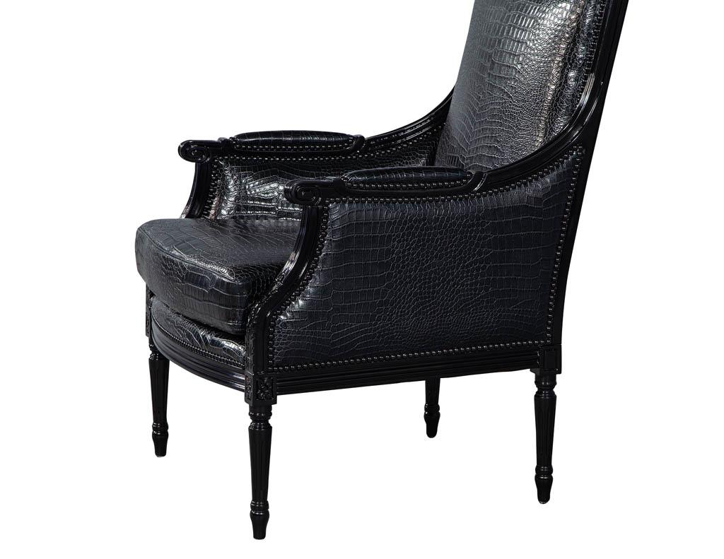 Contemporary Pair of Louis XVI Style Bergère Club Lounge Armchairs in Croc Leather