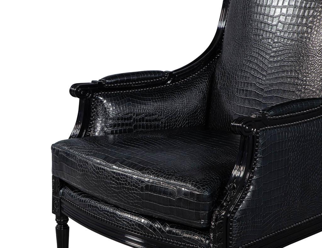 Pair of Louis XVI Style Bergère Club Lounge Armchairs in Croc Leather 2