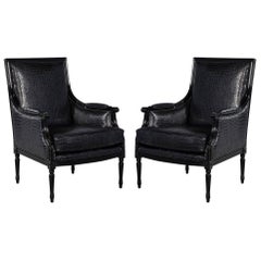 Pair of Louis XVI Style Bergère Club Lounge Armchairs in Croc Leather