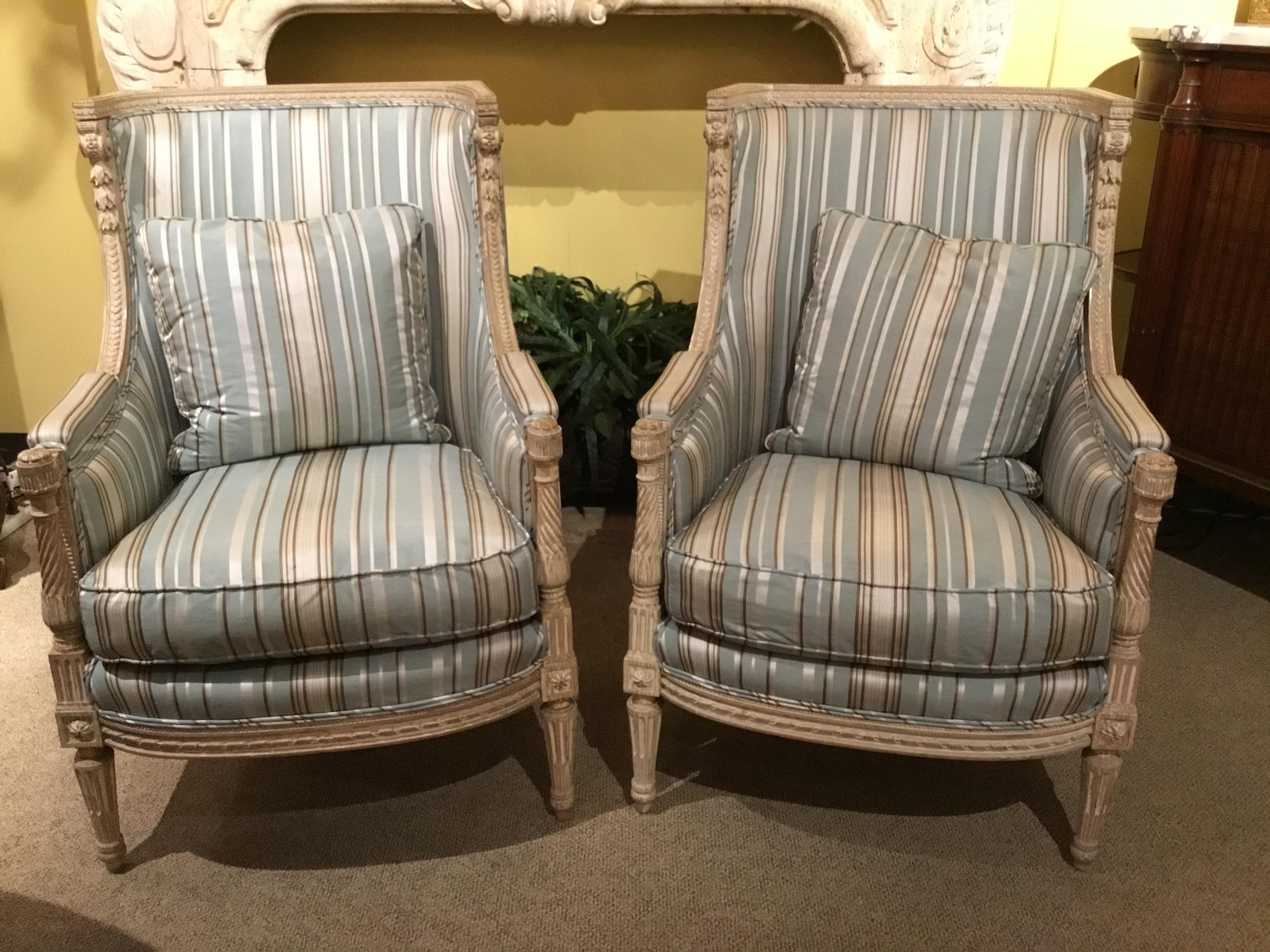 Fruitwood Pair of Louis XVI-Style Bergeres/Chairs, Late 19th Century in Polychrome Finish